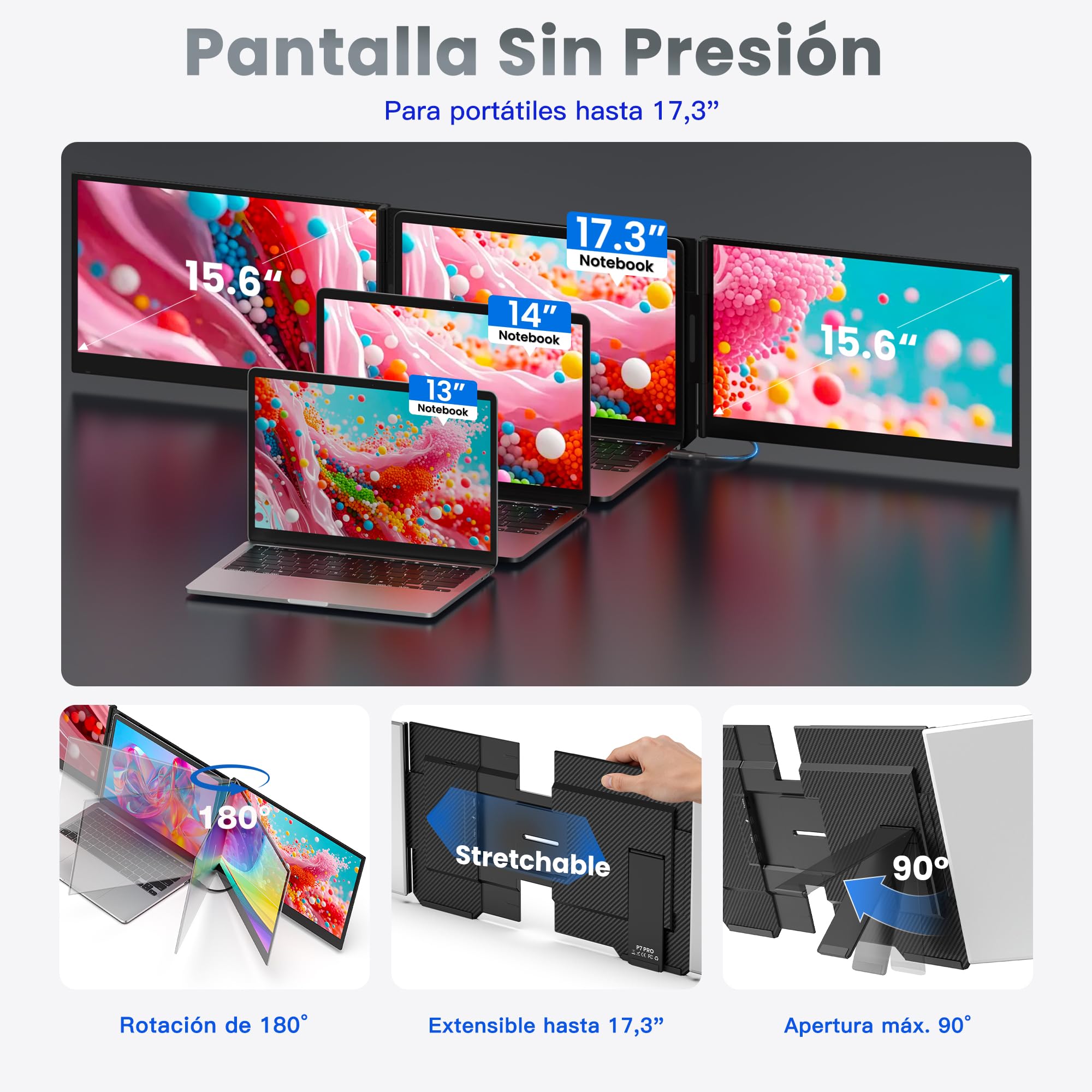Kwumsy Monitor Portátil 15,6 Pulgadas, Triple Pantalla para Portátil, Plug & Play con un Solo Cable USB-C, Extensor de Pantalla FHD 1080P IPS, Compatible con Portátiles de 13 a 17,3", Mac y Windows