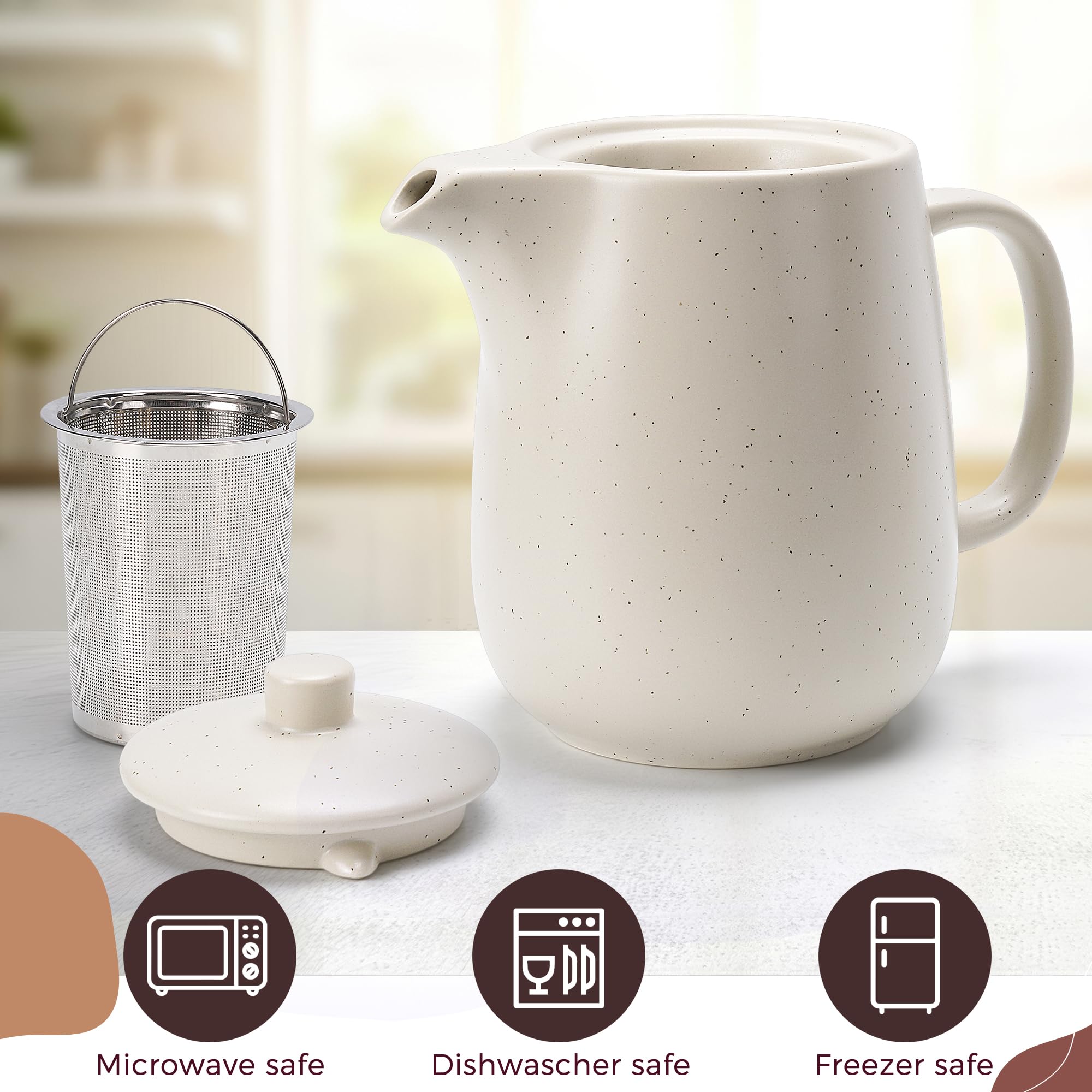 Teekanne mit Siebeinsatz - 1,2 l - Keramik Teekanne Schwarz (Anthrazit) - Teapot - Tee Zubehör - Tea Pot - Steingut Teezubereiter für Losen Tee (Beige)