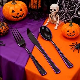 WDF 180 Pieces Black and Purple Halloween Plastic Silverware - Black Flatware Set Include 60 Forks, 60 Knives and 60 Spoons Heavy Duty Plastic Cutlery Purple Utensils for Halloween Party/Birthday