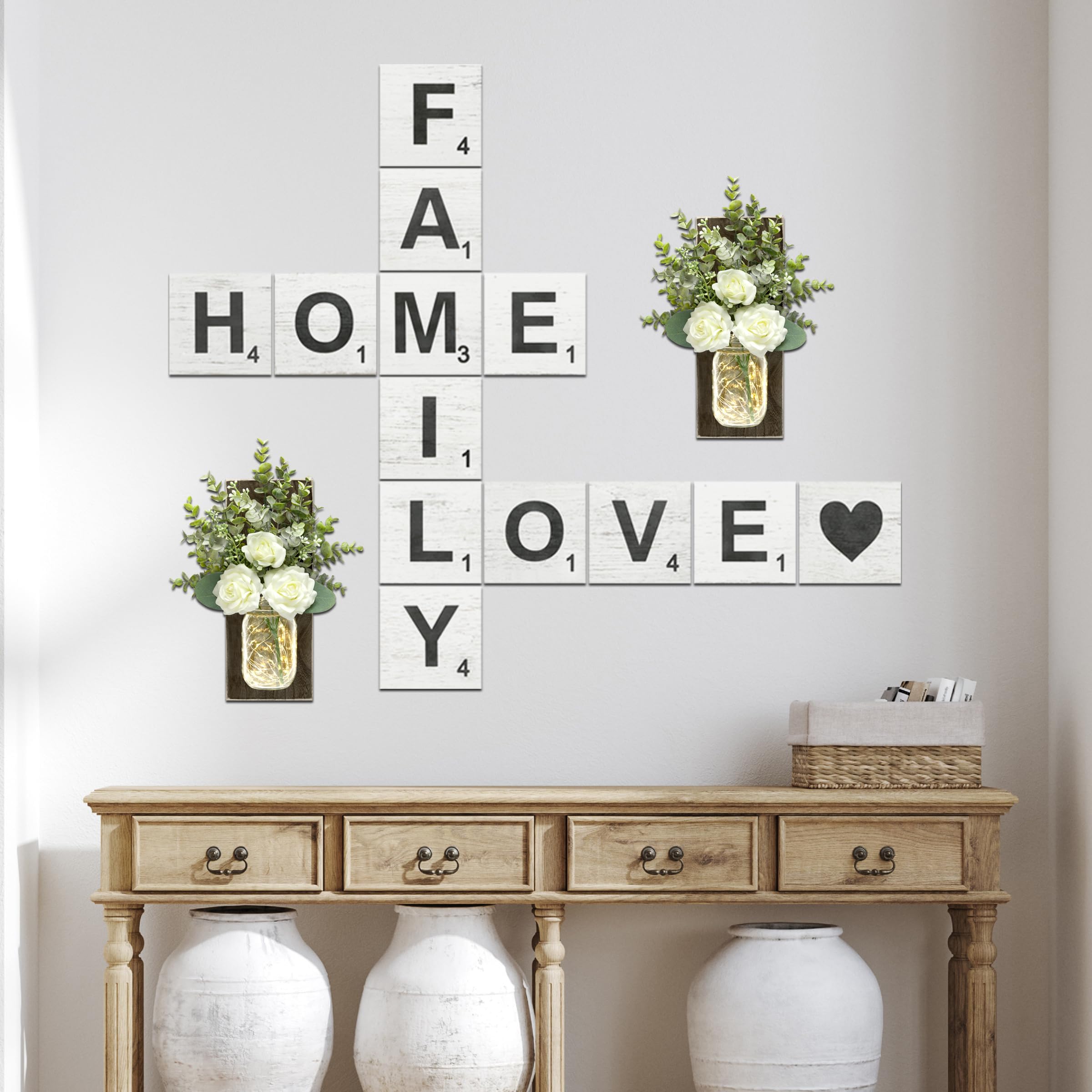 TenXVI Designs Large Rustic Scrabble Tiles for Wall Decor - Family, Home, Love - Big Decorative Square Wooden Letters for Wall Art, Farmhouse Kitchens, Living Rooms, Bedrooms - 15 Pieces, 5 x 5"
