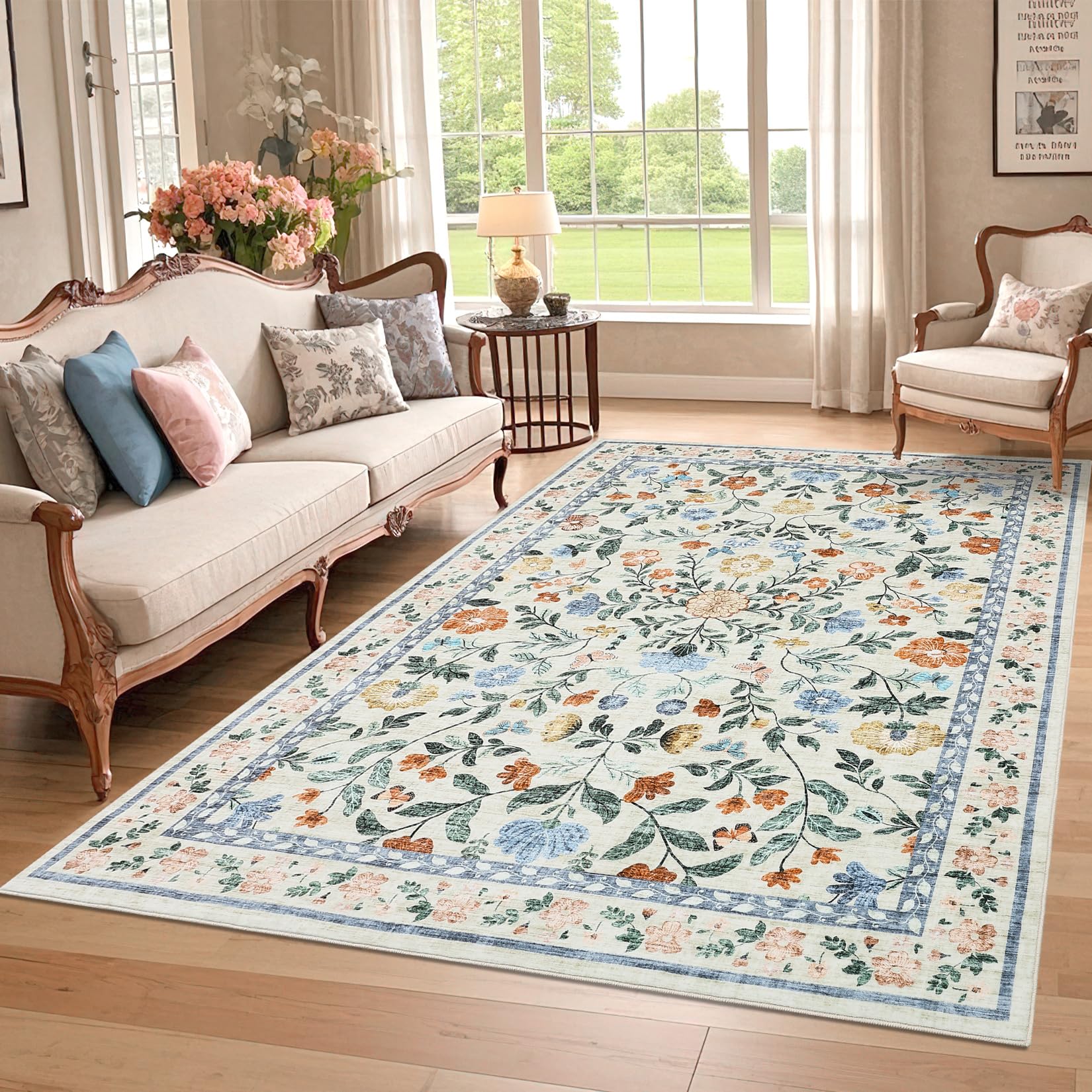 CAROMIO 160x230 cm Soft Large Floral Rug, Washable Non-Slip Farmhouse Carpet for Living Room, Low Pile Foldable Area Rug for Bedroom, Dining and Nursery, Green