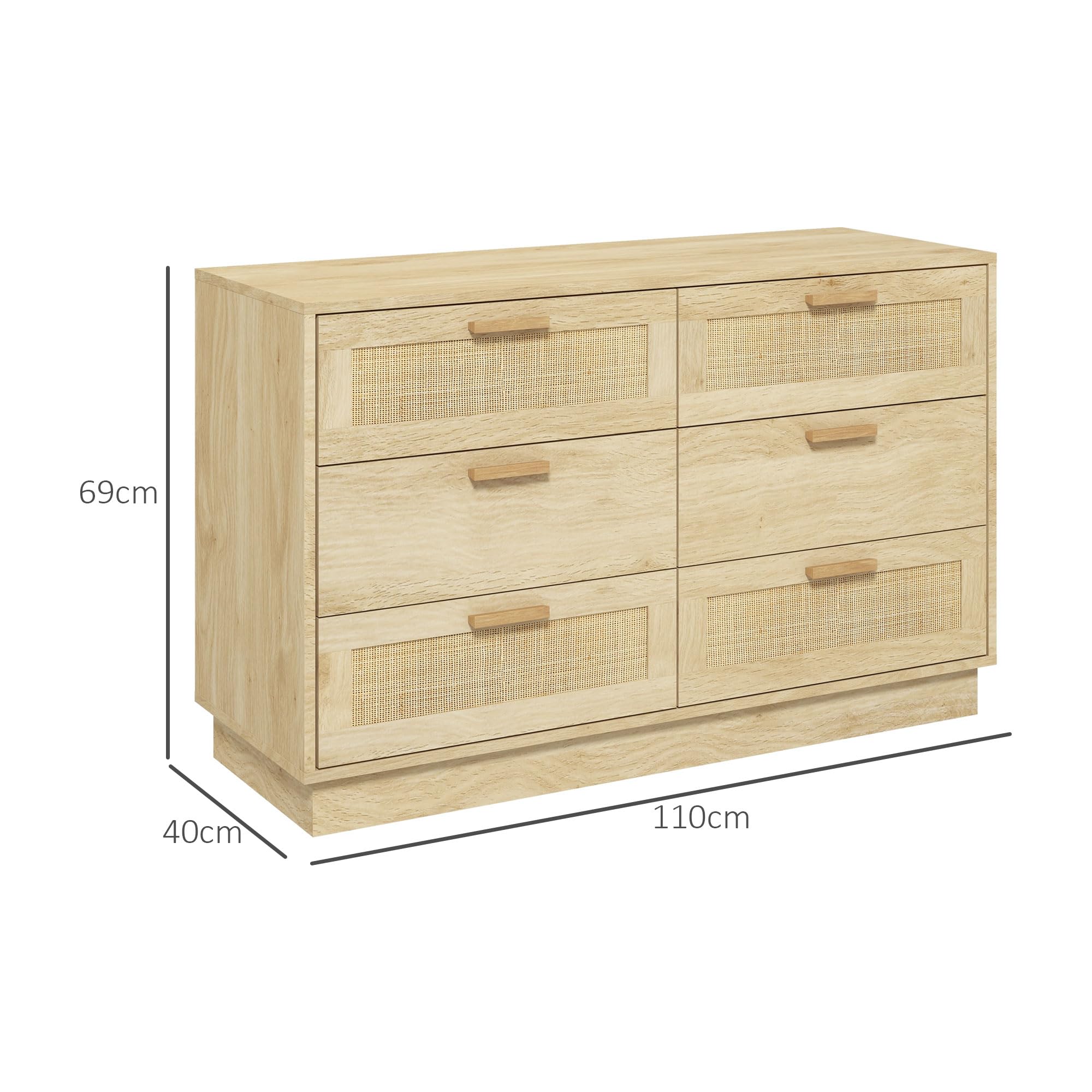 HOMCOM Commode 6 Tiroirs Commode Bois 110 x 40 x 69 cm Chêne | Meuble de Rangement, Style Bohème, Commode en Rotin, Chambre à Coucher, Salon, Entrée