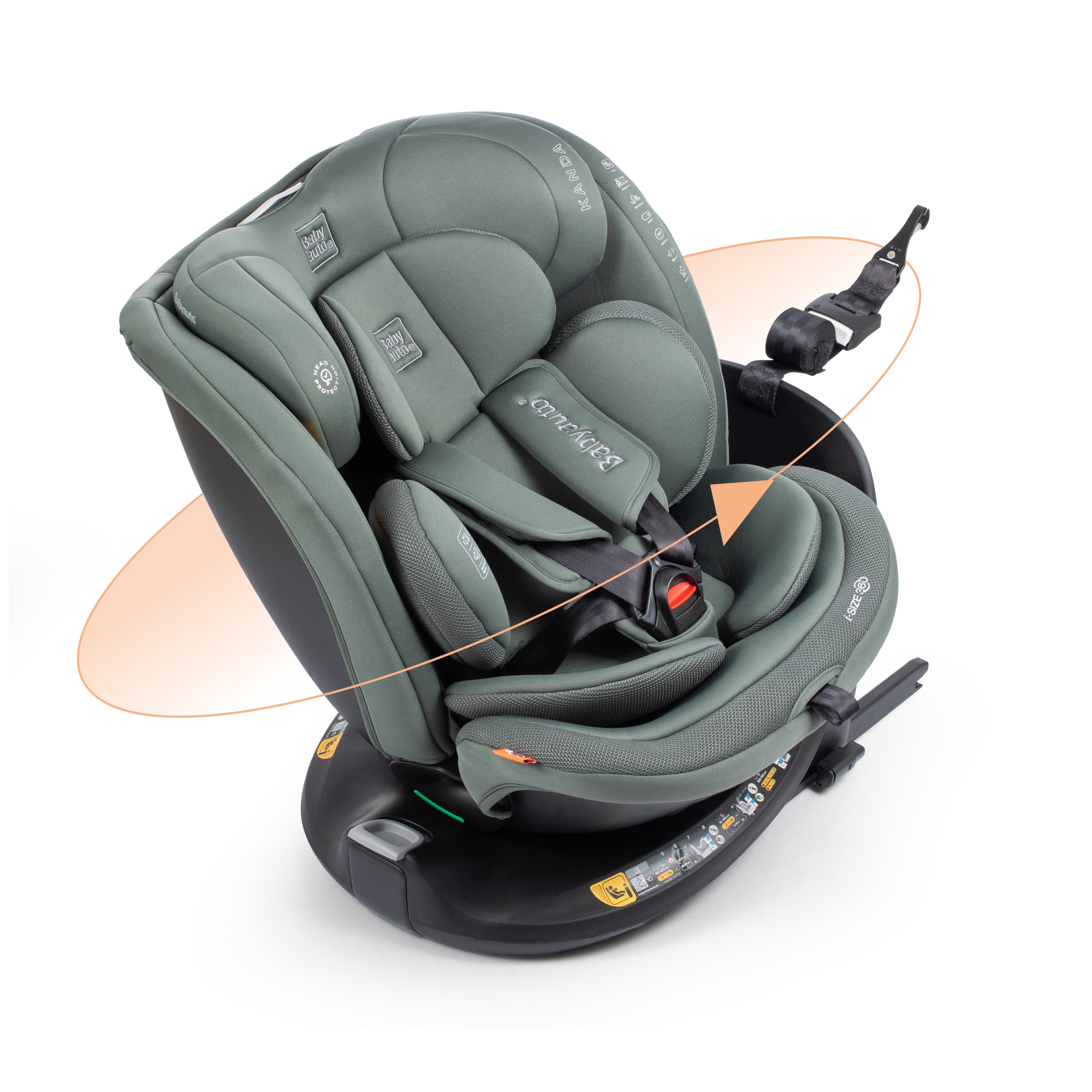 BABYAUTO – Silla de coche KANDA iFix 40-150 Centímetros i-Size – Isofix + Top Tether en base – Giro 360° – A contramarcha hasta 105 Centímetros – 4 reclinados – Reposacabezas ajustable (Pine Green)