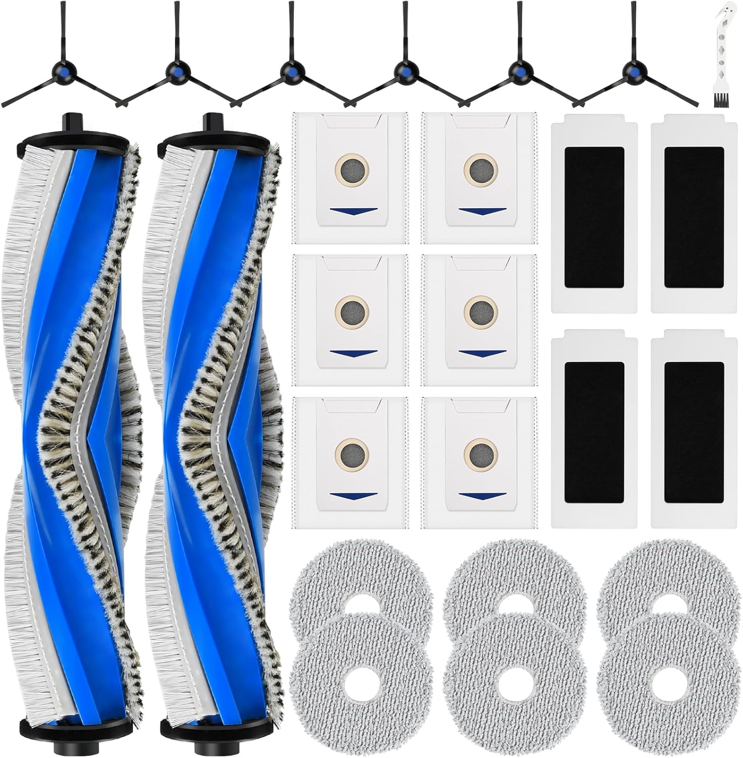 25 Stück Zubehör Kompatibel für ECOVACS DEEBOT T30 Omni / T30 PRO Omni Saugroboter, Ersatzteile mit 2 Hauptbürste, 6 Staubbeutel, 4 HEPA-Filter, 6 Wischpads, 6 Seitenbürsten, 1 Reinigungsbürste