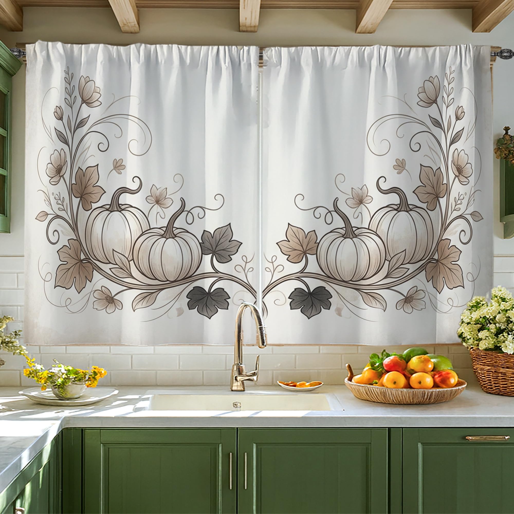 Rideaux courts de cuisine à motif citrouilles et feuilles de vigne style traditionnel