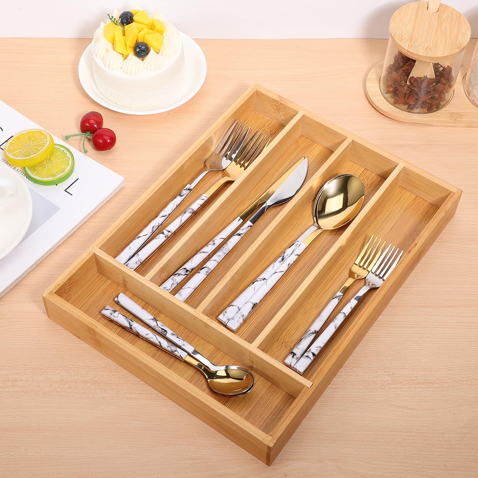 Organizador de Cubiertos de Cocina de Compartimentos Multifuncionales y Diseño Elegante para Ordenar Cajones y Cocina Marrón