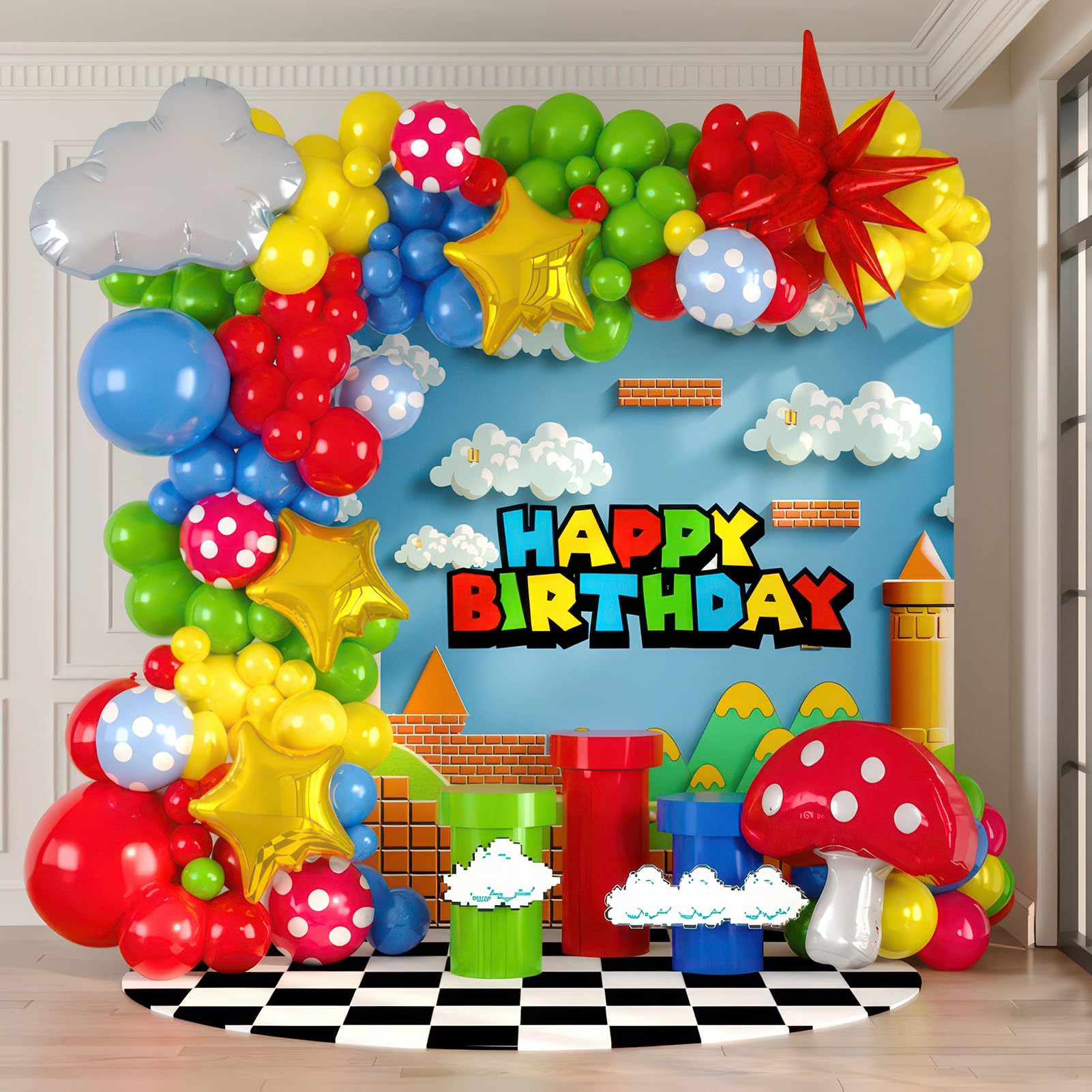 Red Blue green Yellow balloon garland Kit 130Pcs with Cloud mushroom Star balloons for Cartoon & Video Game theme Super bros Birthday inspired Party