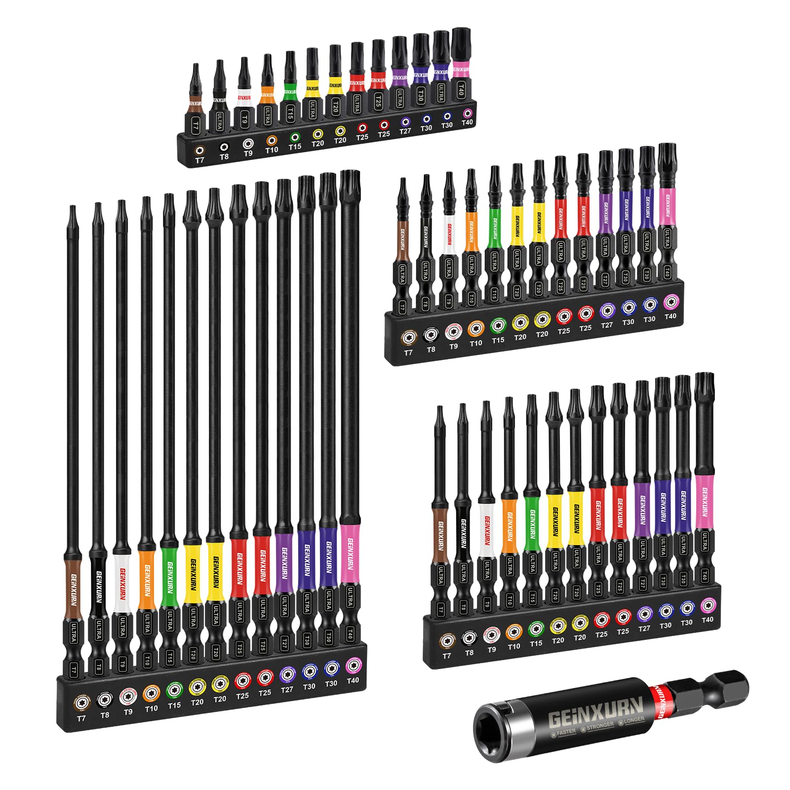 Geinxurn Impact Torx Screwdriver Bits Set, 52Pcs Magnetic (T7-T40) S2 Steel 25/50/75/150mm Long Extension Multi Star Driver Bits and 1Pc Bit Holder with Color Coded Base