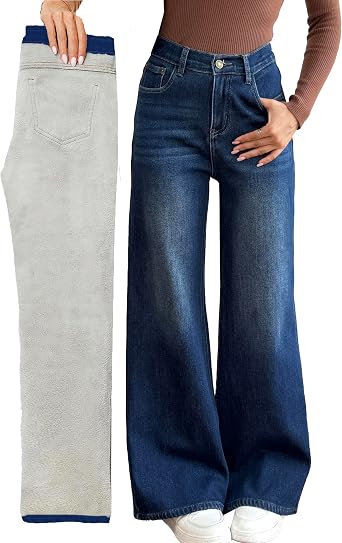Fakanhui Womens Fleece Lined Wide Leg Baggy Jeans Winter Thermal Warm Flannel Jean Loose Y2K Boyfriend Denim Pants