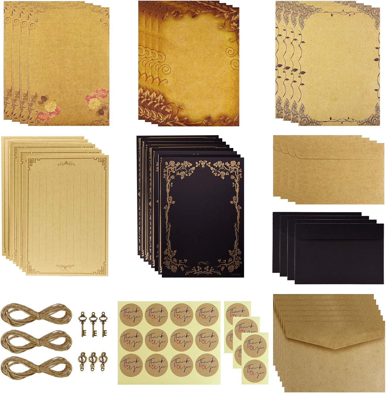 Dxhycc Vintage Stationary Paper and Envelopes Set, Aged Paper Writing Paper Stationery Set, 28 Sheets of Vintage Letter Papers, 14 Envelopes, 6 Hemp Ropes, 6 Retro Keys, 18 Sealing Stickers