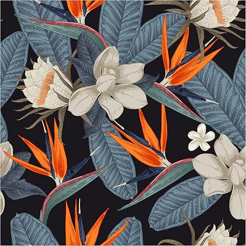 UniGoos Papel tapiz floral blanco para despegar y pegar, fondo negro, papel de contacto con flor de palmera azul, vinilo autoadhesivo vintage, rollo