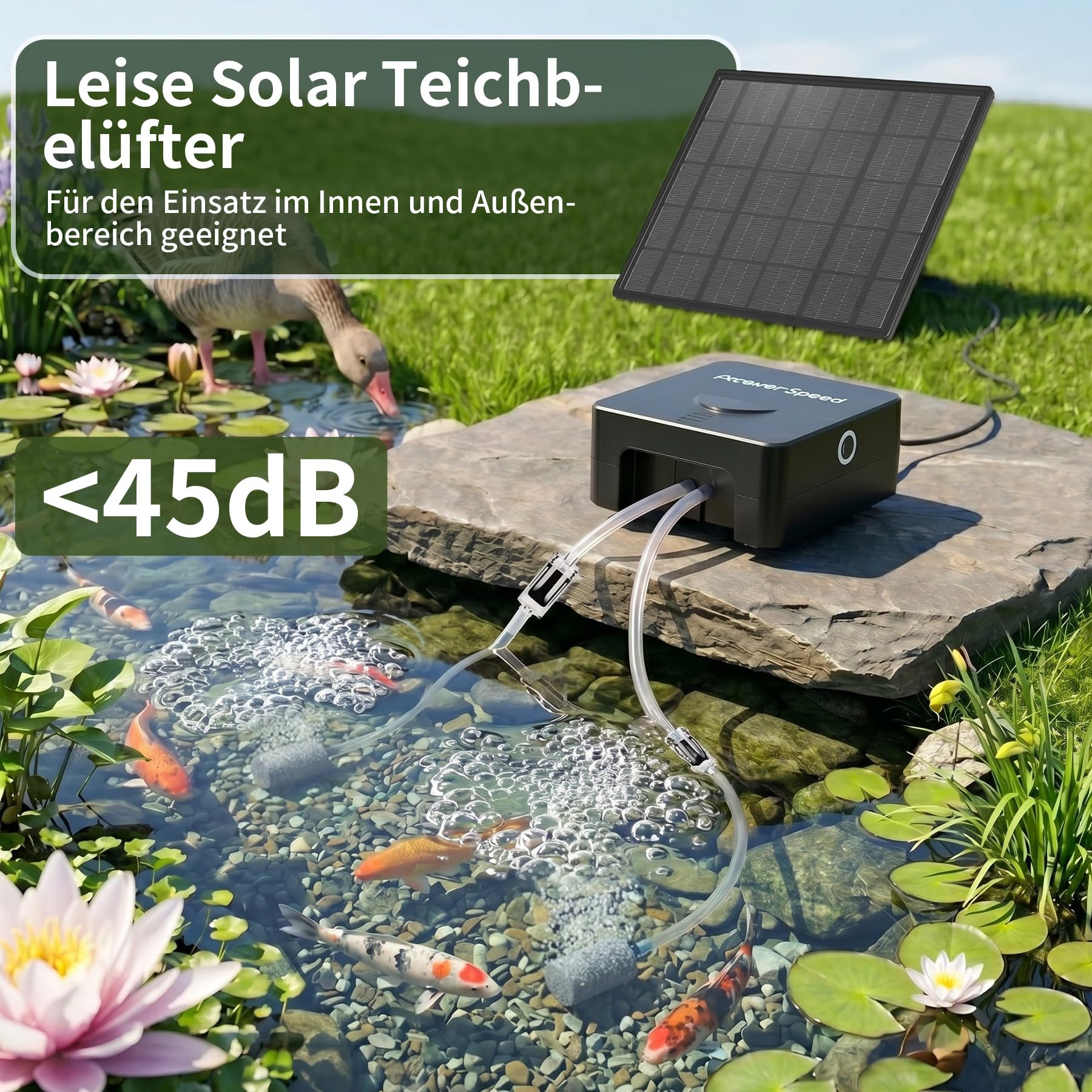 Forever Speed 6W Aeratore Solare per Laghetto con Ricaricabile Batteria 4400mAh, Silenzioso Solare Pompa di Ossigeno per Piccoli Laghetti, Acquari Doppia Ricarica Solare USB