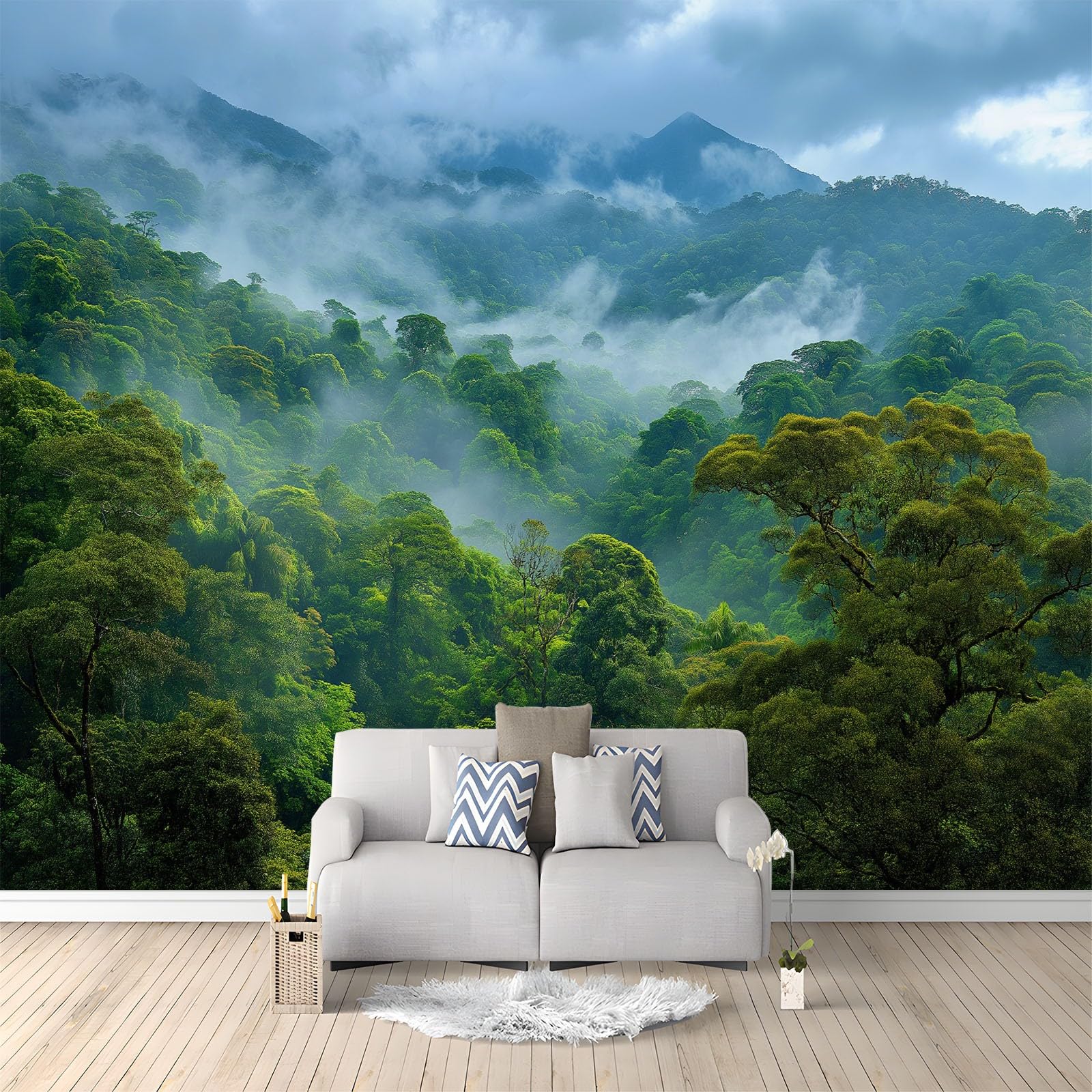 Generisch Carta da parati moderna da parete con foresta sotto la pioggia, tempesta botanica, carta da parati in tessuto non tessuto, per meditazione e yoga, 300 x 210 cm, verde