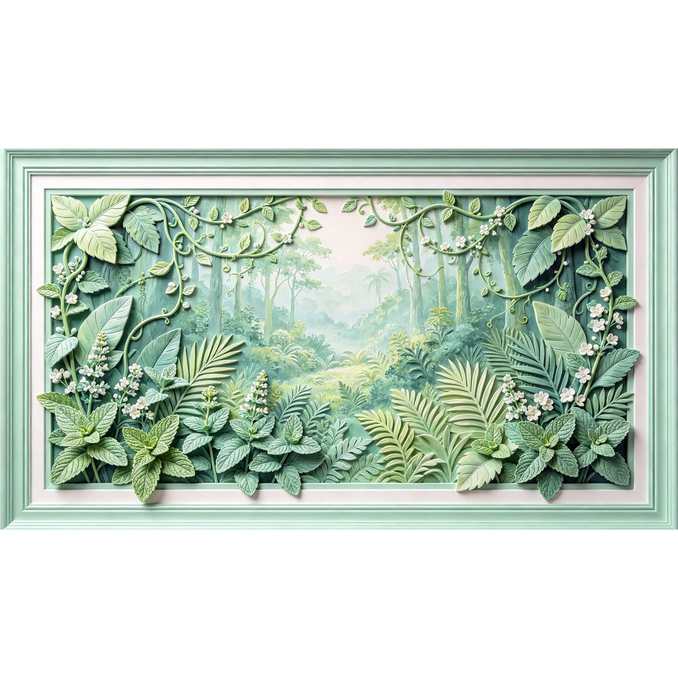 QZLITHOTIC 50×90cm3D Framed Wall Art， Tropical Jungle Botanical Fern Leaf SelfAdhesive Mural， WaterActivated Peel & Stick Fabric Decor Wall Decal for Bedroom Living Room