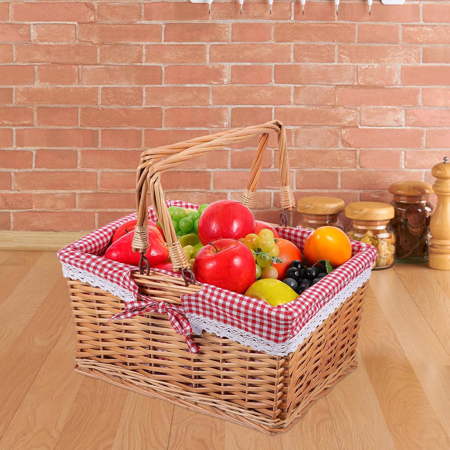 Wicker Picnic Basket Red White Checkered Liner Outdoor Willow Storage Basket for Camping and Travel