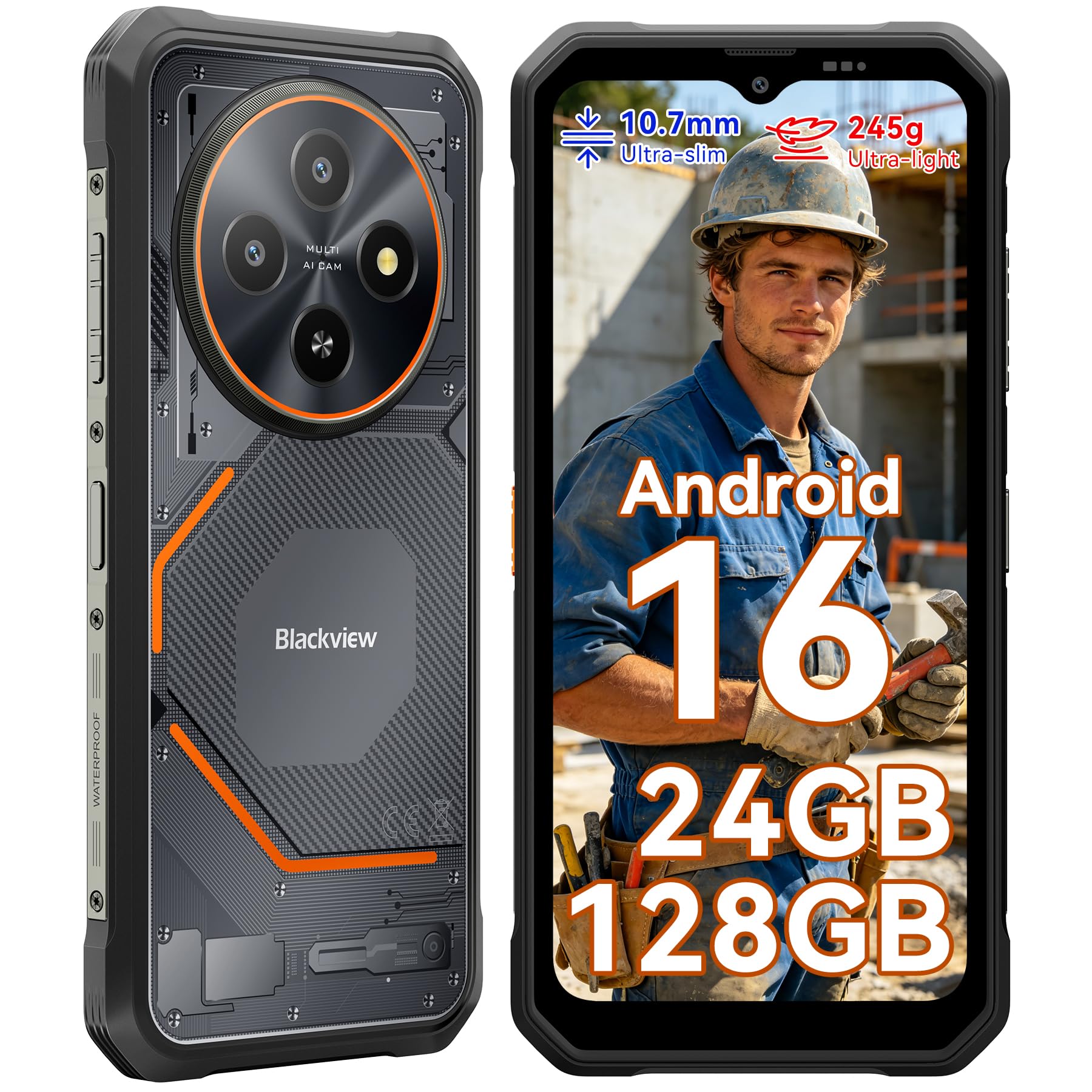 Blackview Outdoor Handy Ohne Vertrag Android 16, 24GB+128GB/2TB TF Baustellenhandy, 245g/10.7mm Ultra-Thin Outdoor Smartphone, 6.56" 90Hz, 16MP AI Camera, IP69K/OTG/NFC/Gemini AI/3 Jahre Garantie
