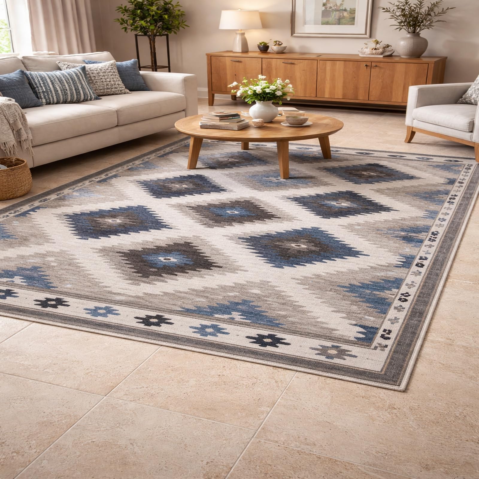 Tapis géométrique bleu et gris rectangulaire 70x110 pour chambre et maison