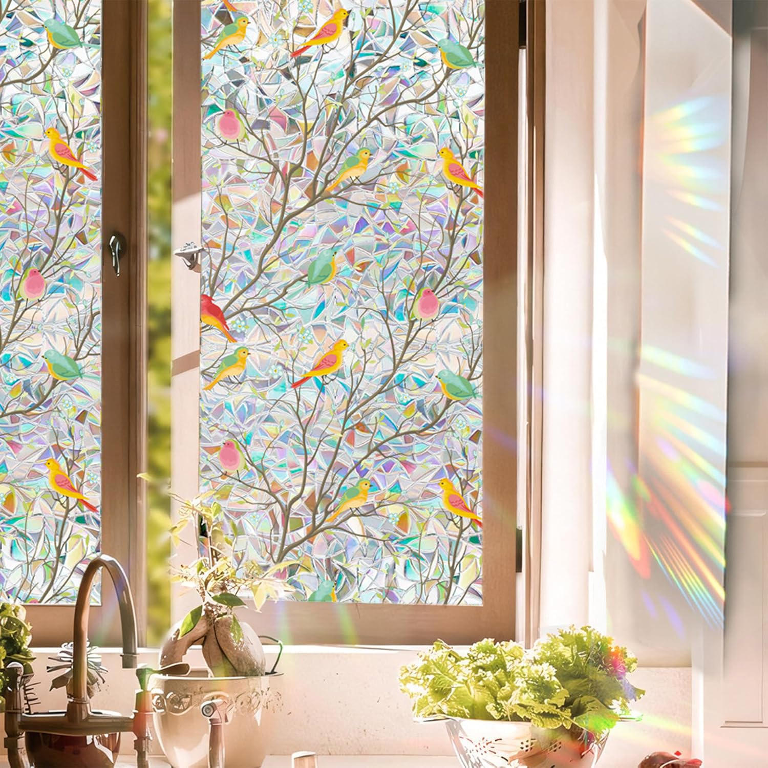 Stained Glass Window Cling - Rainbow Tinted Film for Sun Blocking, Privacy, and Decor - Mushroom and Birds Design (17" W x 39.37" L)