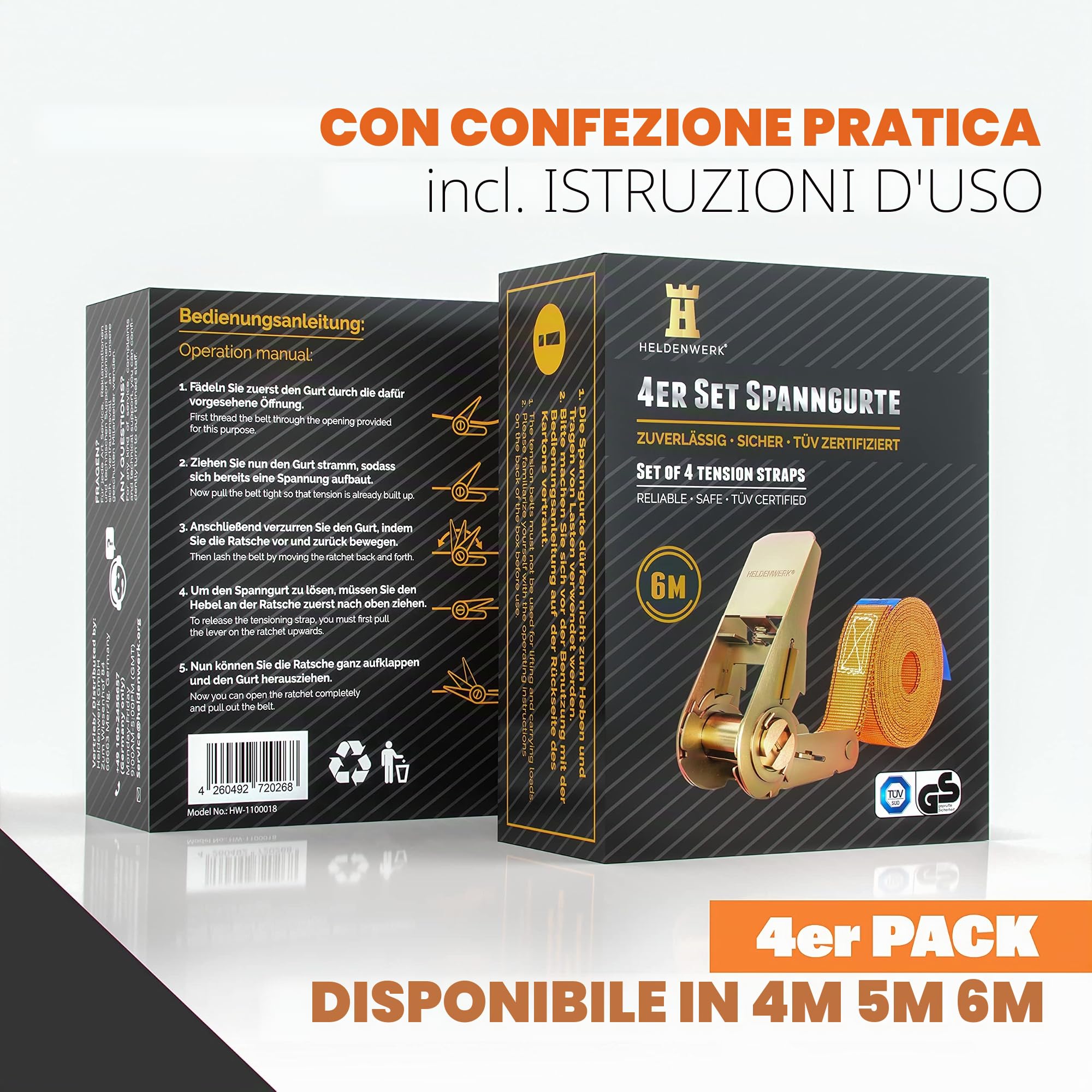 Heldenwerk Confezione da 4 cinghie di tensionamento con cricchetto in a 4M 5M o 6M certificate Tüv/GS doppia cucitura ancoraggio resistenti alle intemperie e