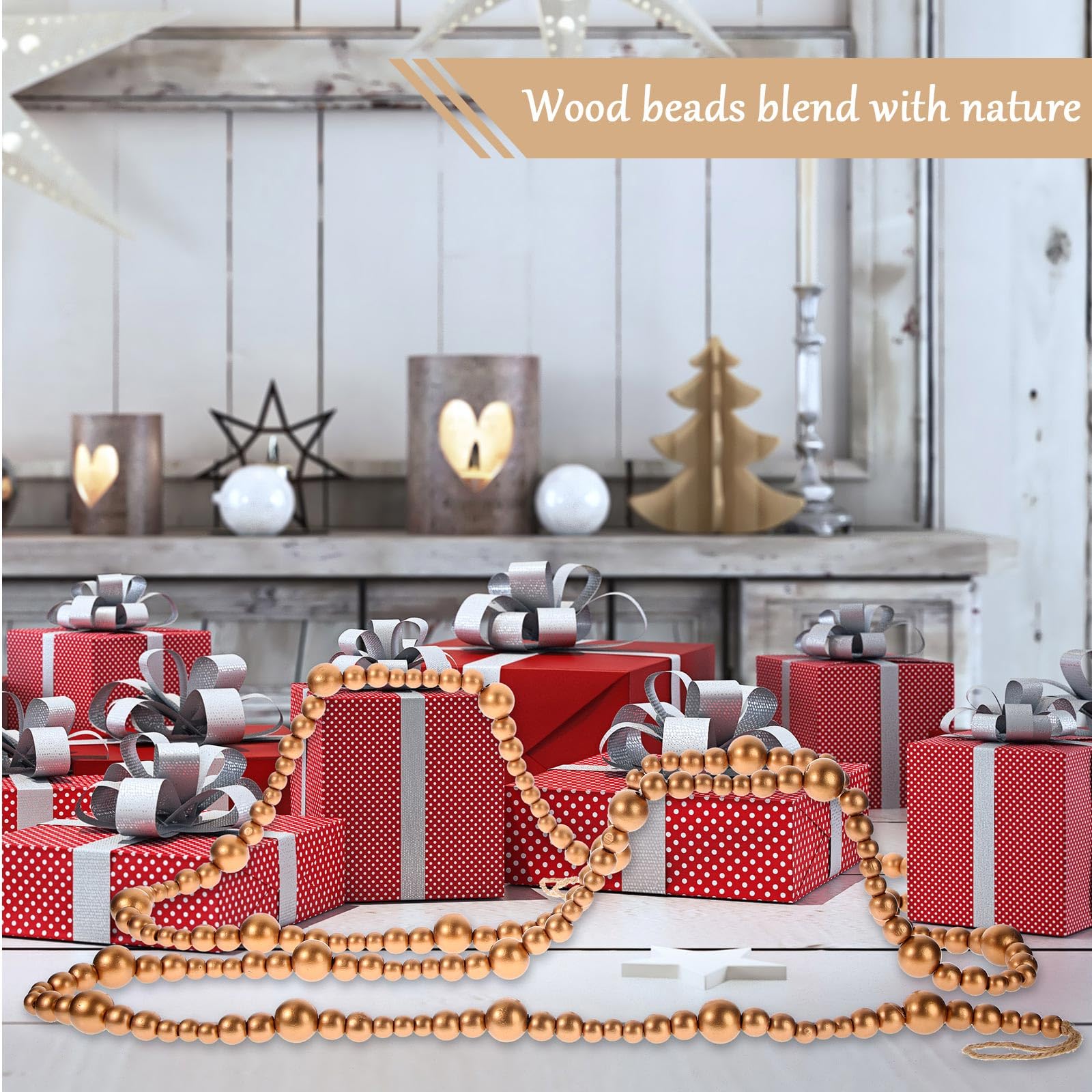 Boao 8 Stück Holzperlen-Girlande, 3 m, rustikale Bauernhaus-Perlen, Wandbehang, Dekoration, Landhaus, natürliche Baumgirlande, dekorative Wandbehang, Gebetsperlen für Weihnachten (Gold)