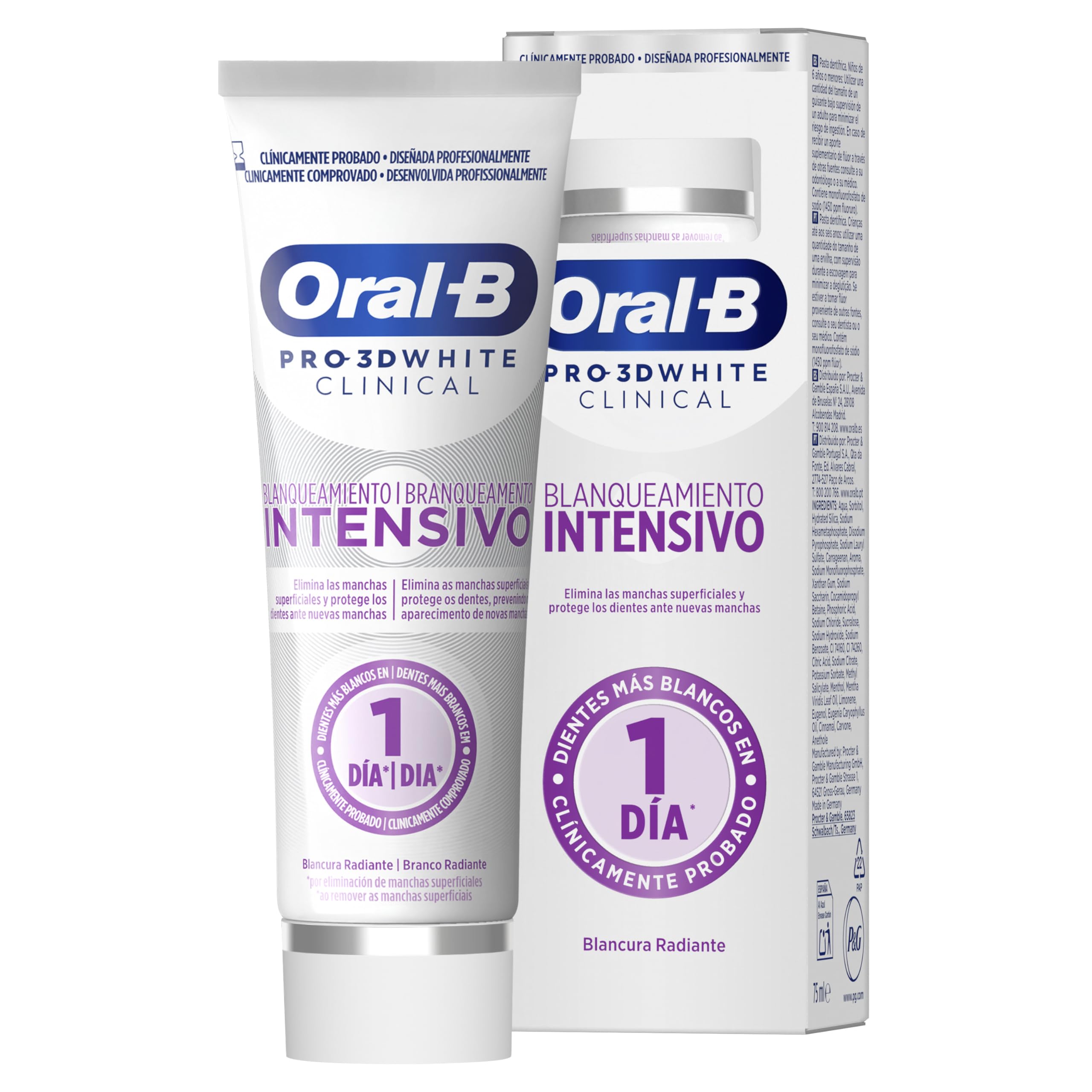 Oral-B Pro 3D White Clinical Blanqueamiento Intensivo Pasta De Dientes Blanqueadora, Elimina Las Manchas Superficiales, Dentífrico Blanqueante Con Sabor a Menta Siempreverde, 75 ml