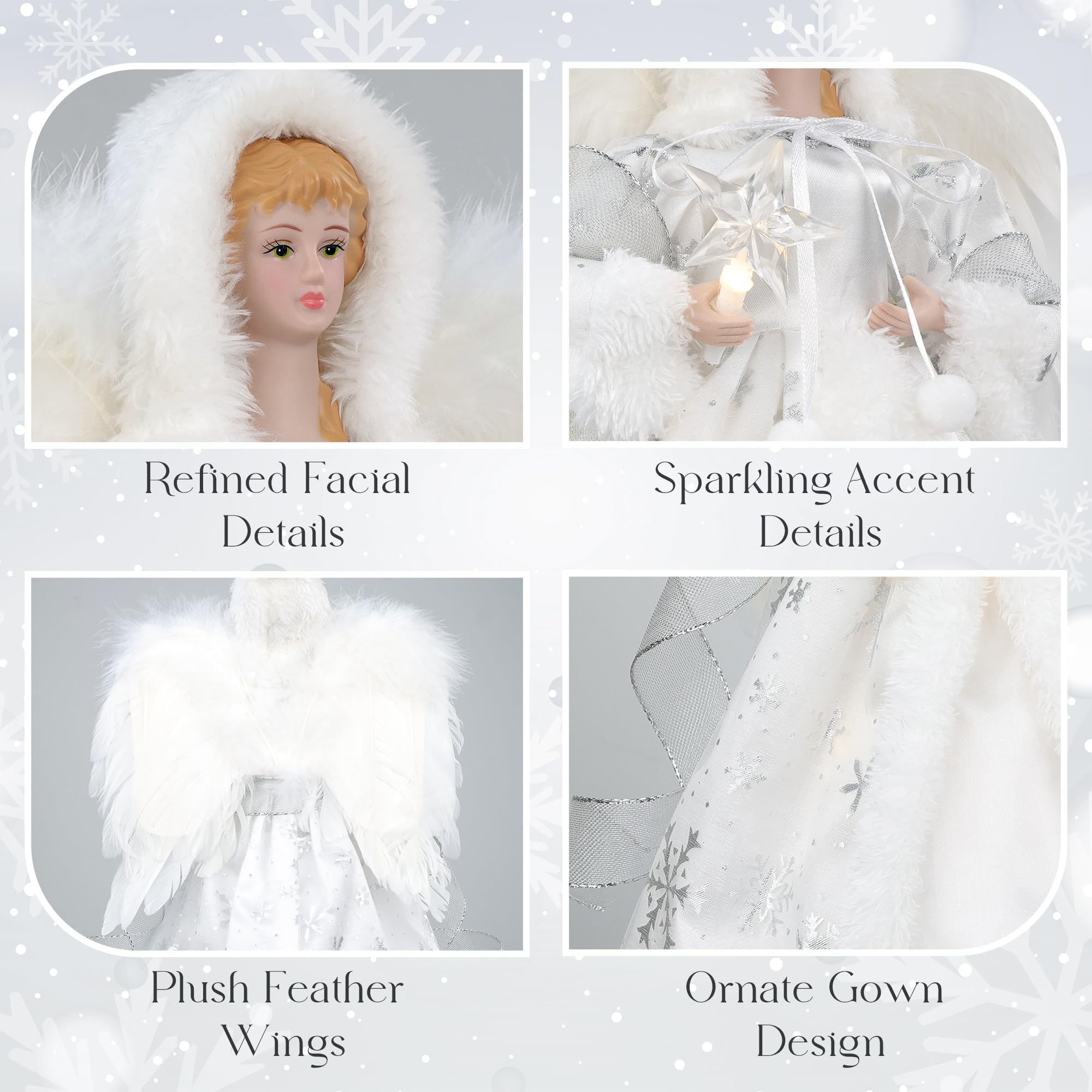 PAPER FAIR Puntale per albero di Natale illuminato, 30,5 cm, argento e bianco, con ali di piume, per decorazioni per la casa vacanze, decorazioni per albero di Natale e centrotavola per feste
