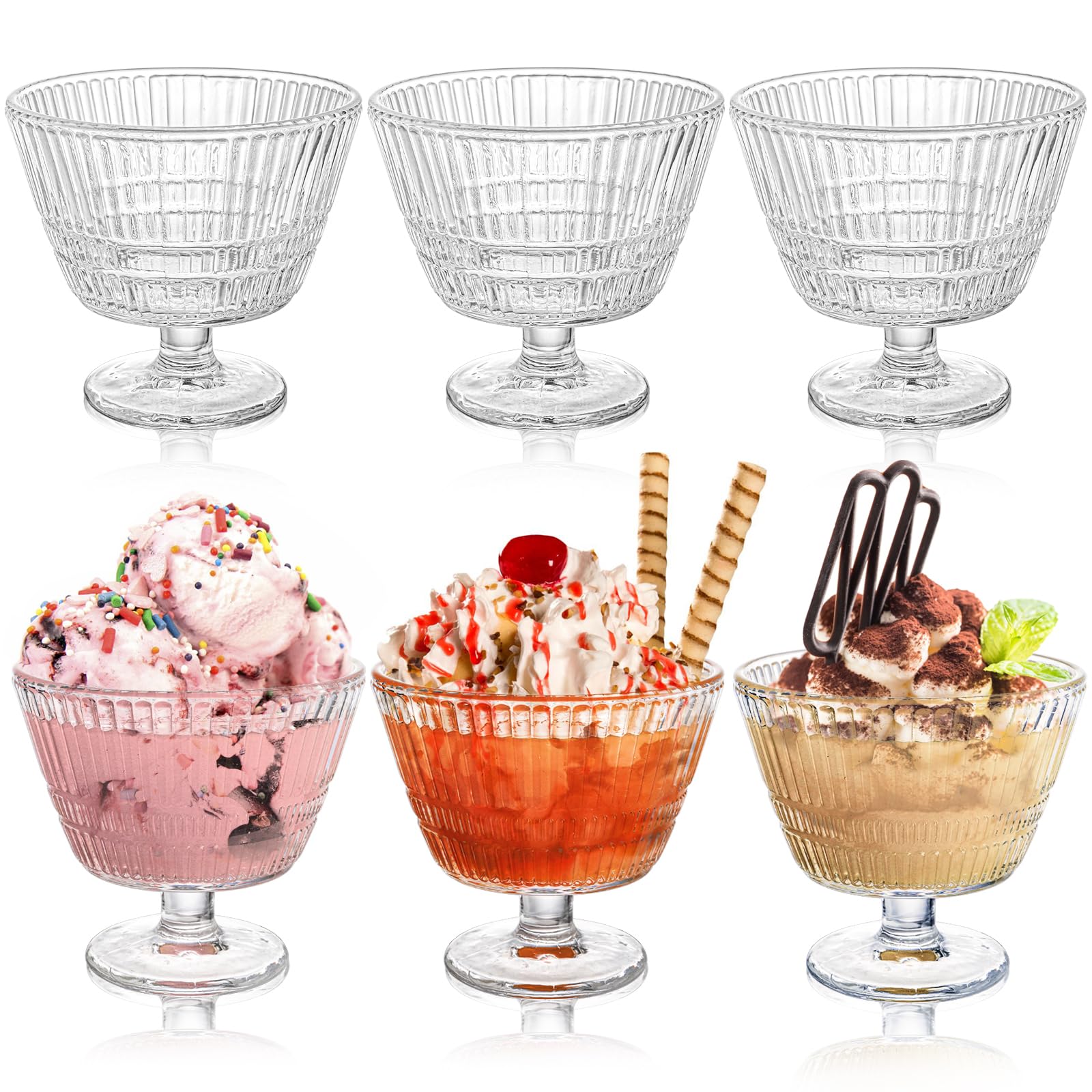6 Pack Glass Dessert Bowls Set, 10 Oz Vintage Ice Cream Cups