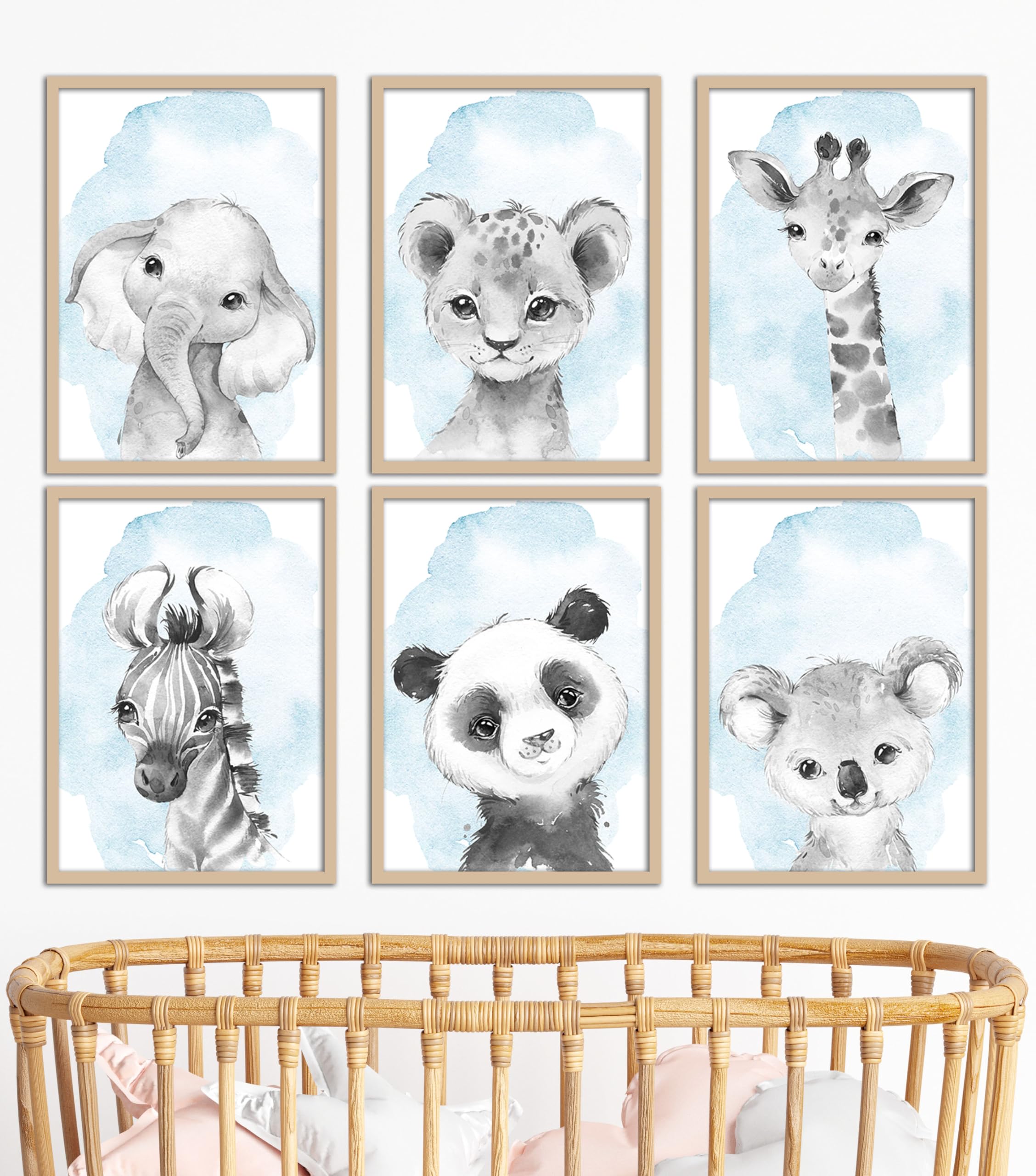 Safari Animals Boys Nursery Unframed Set of 6 Bedroom Prints, Blue Watercolour Splash Wall Art Decor Gift Present, Elephant Lion Giraffe Zebra Panda Koala (A4) โ image 1