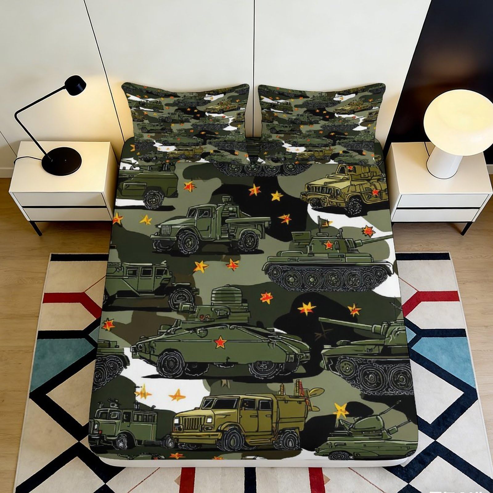 3D Printed Military Tank Camouflage Fitted Sheet Microfiber Durable Breathable Army Vehicle Bed Cover for Bedroom Dormitory Guest Room Mattress Protection 120x200x25cm