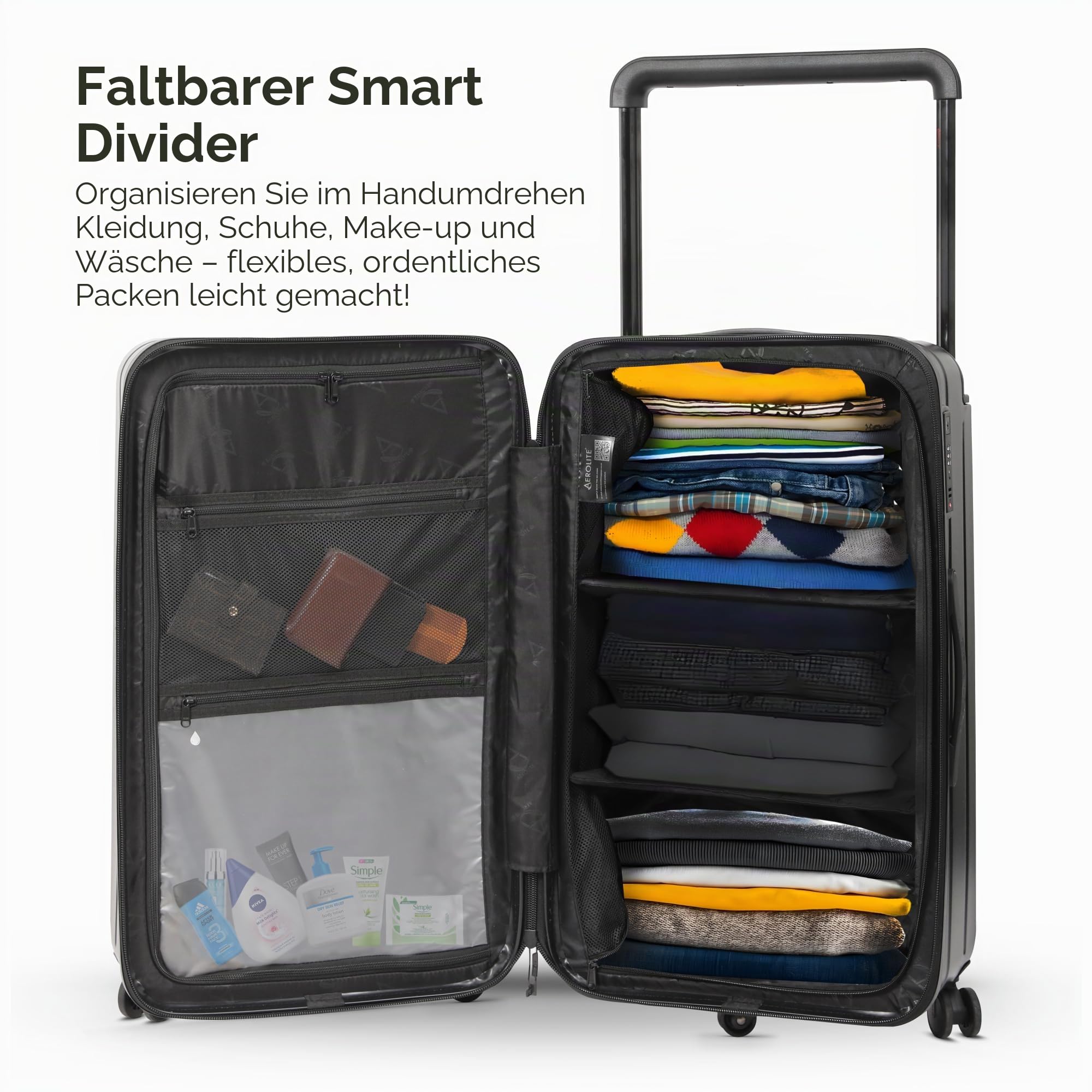 Aerolite M-Lite Großer Premium-Reisekoffer (112 l) zum Aufgeben Gepäck mit 4 + 1 leisen Rollen, Hartschale aus Polypropylen, wasserdichter Tasche, faltbaren Trennwänden und TSA-Schloss, Schwarz