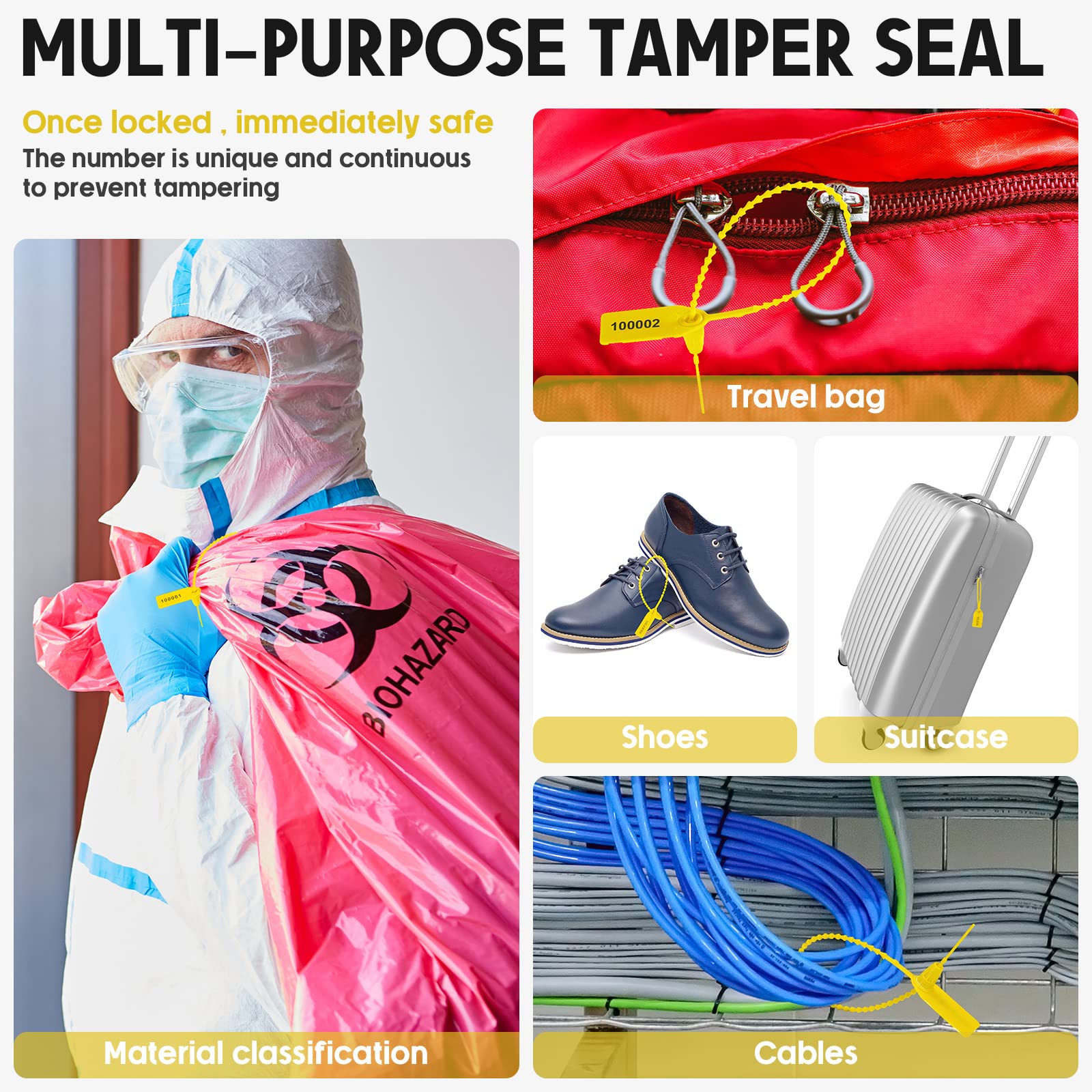 Roowest Lot de 2 000 étiquettes de sécurité en plastique pour extincteur - Étiquettes de sécurité numérotées - Jetables - 250 mm de long (jaune)