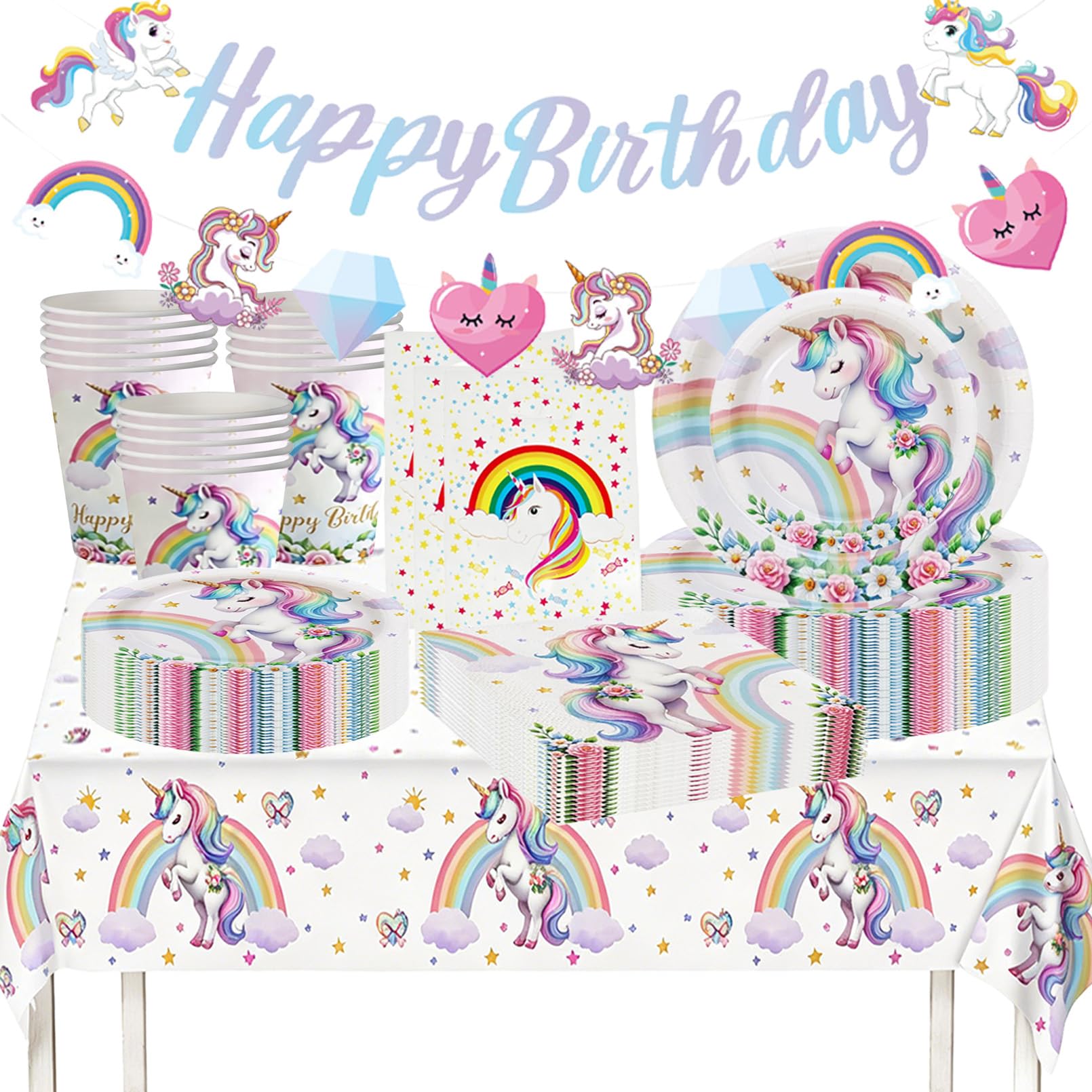 102 Pcs Unicorn Party Supplies, Unicorn Birthday Tableware and Decoration Set, Includes Banner, Party Bags, Tablecloth, Cups, Large & Small Plates and Napkins