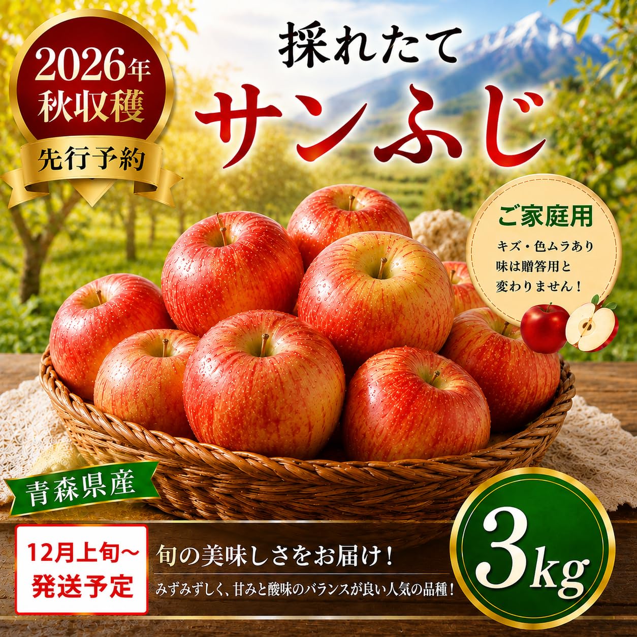 Amazon.co.jp: 2026年秋収穫 先行予約 青森県産 サンふじ りんご 約3kg
