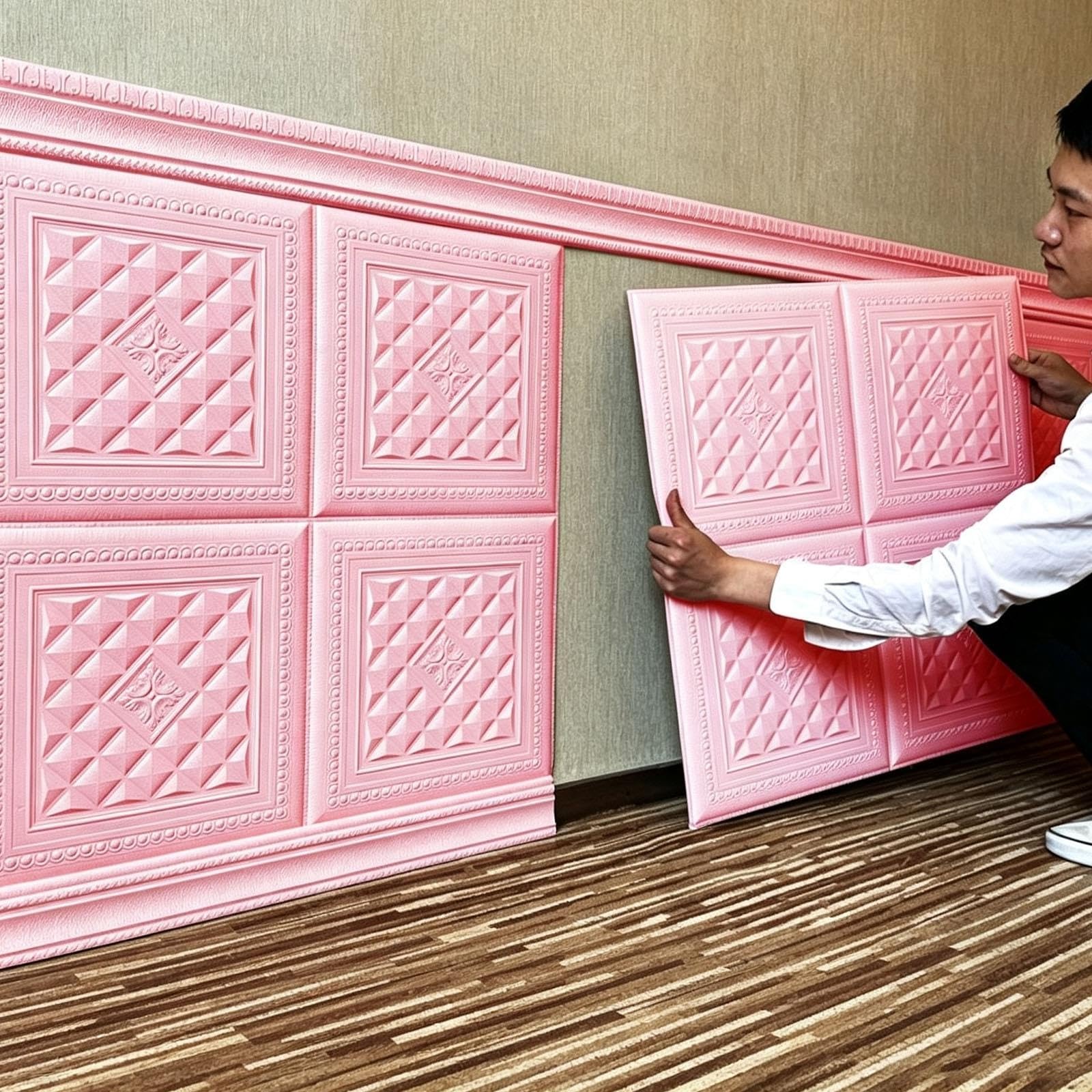 Pannelli murali 3D autoadesivi, rivestimento murale effetto pietra | Impermeabili per interni, soggiorno e camera da letto(Pink,3PCS)