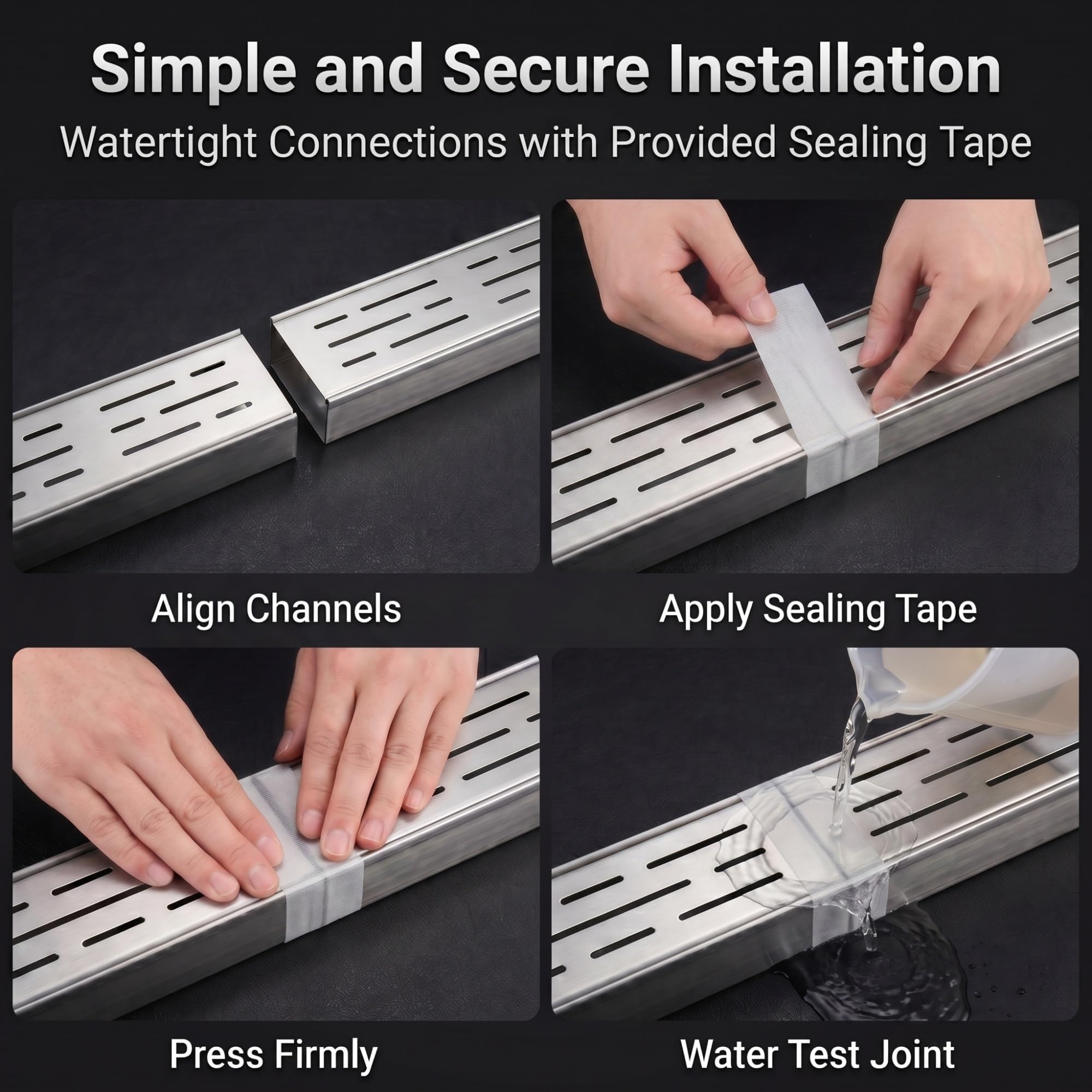 Canal de drainage en acier inoxydable avec grille amovible pour intérieur/extérieur, idéal pour balcon, terrasse, jardin, allée, piscine