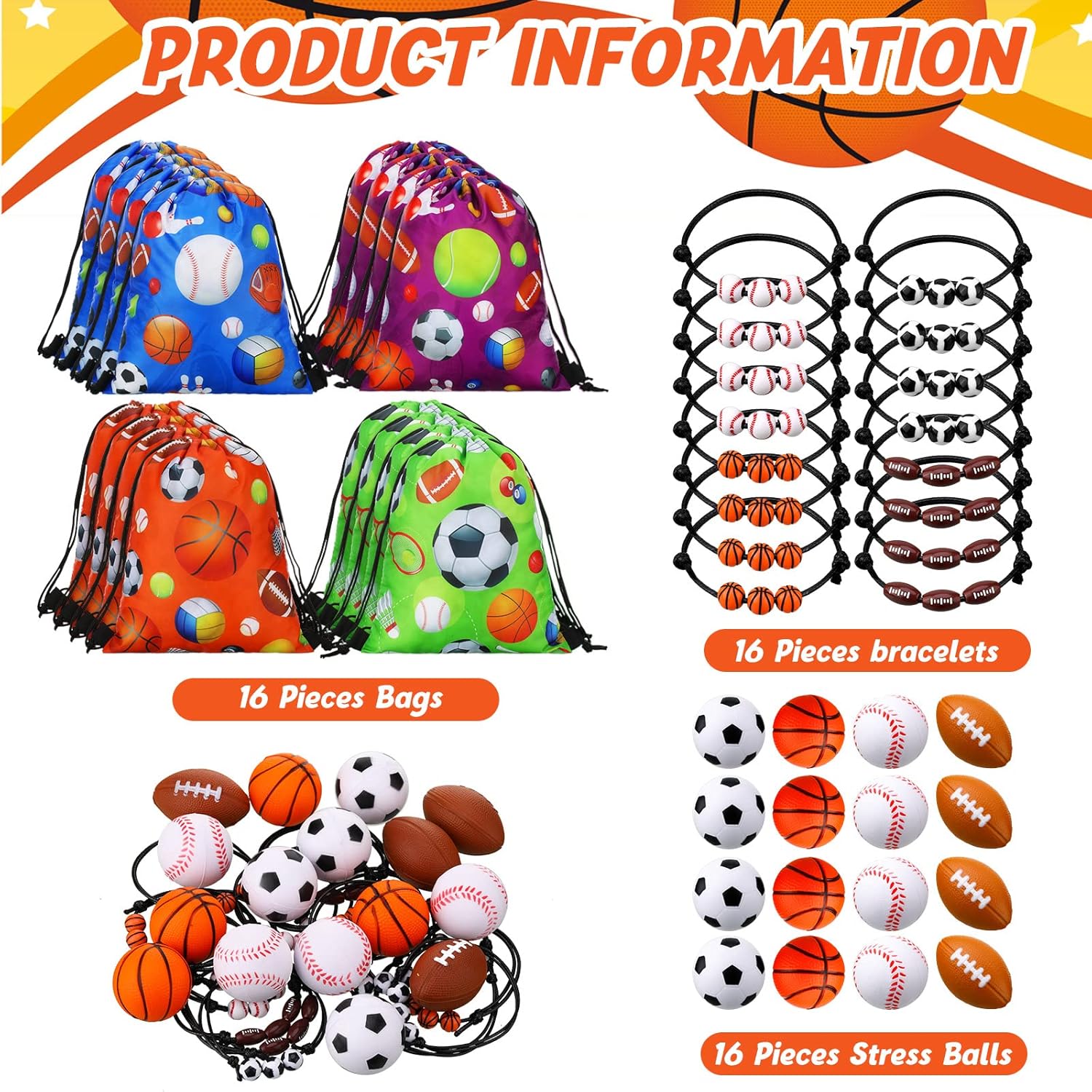 Panelee 16 Sets Sports Party Favors Baseball Soccer Basketball Football Birthday Supplies 16 Drawstring Bags 16 Charm Bracelets 16 Mini Foam Balls for Gift Fillers Games Rewards Supplies