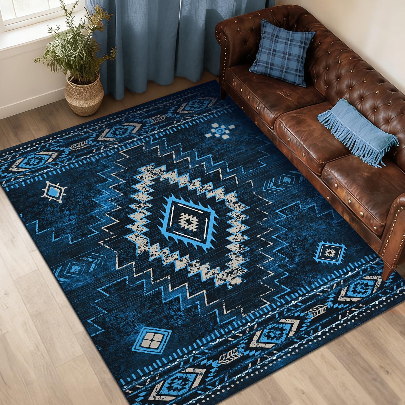 Alishomtll Area Rugs for Living Room 120x170 cm, Washable Anti Slip Large Rugs, Blue Super Soft Bedroom Rug, Modern Geometric Style Carpet, Short Pile Non Shedding Floor Carpets Easy to Clean