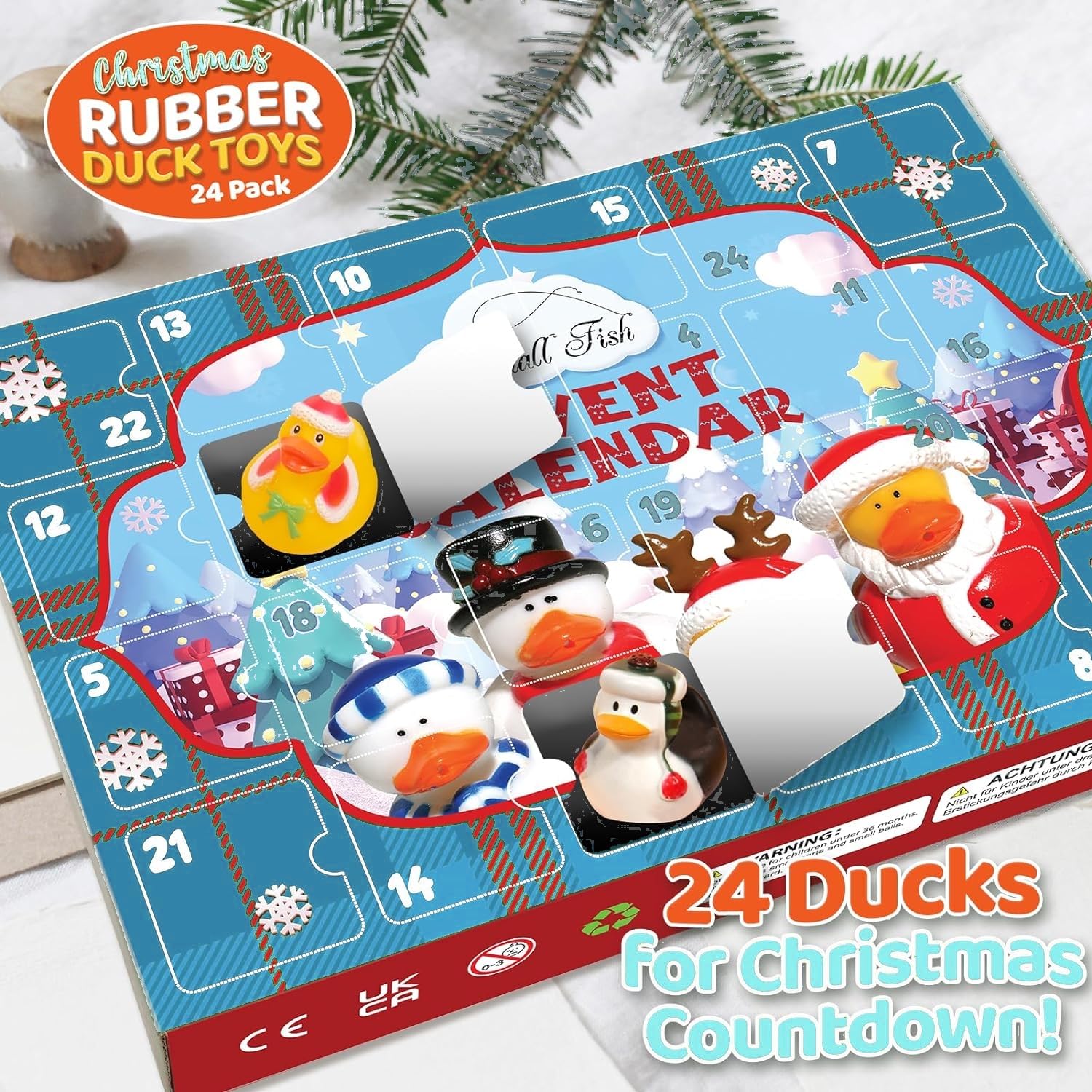 LATERN Calendario de Adviento 2025, Cuenta Regresiva Navideña de 24 Días con 24 Patitos de Goma Divertidos Juguetes de Baño Duckie para Navidad Decoración Favor de Fiesta Regalos (32 x 22cm)