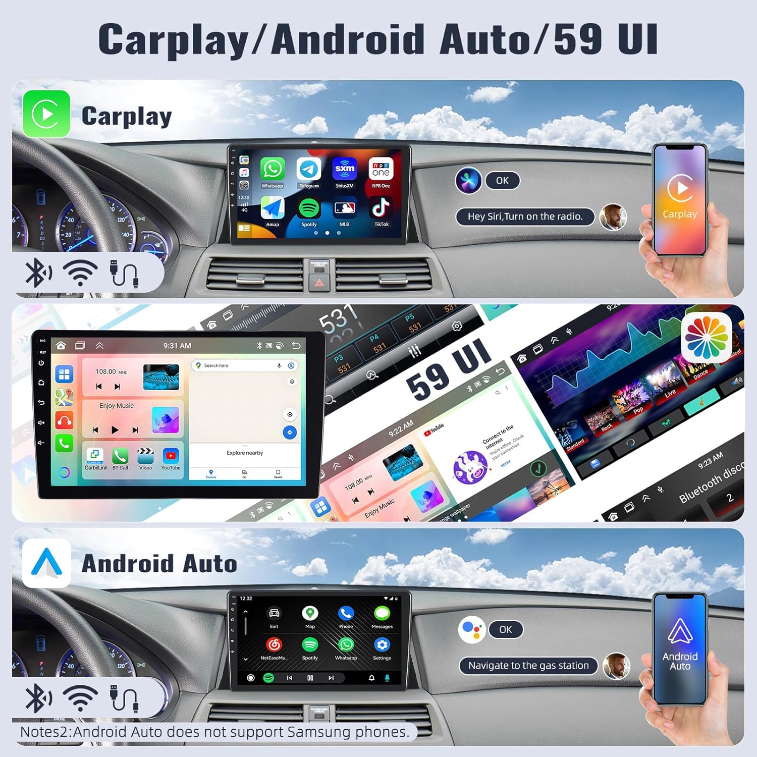 Image showing weather forecast display, three-split screen function, and 19 wallpaper options on the car stereo.