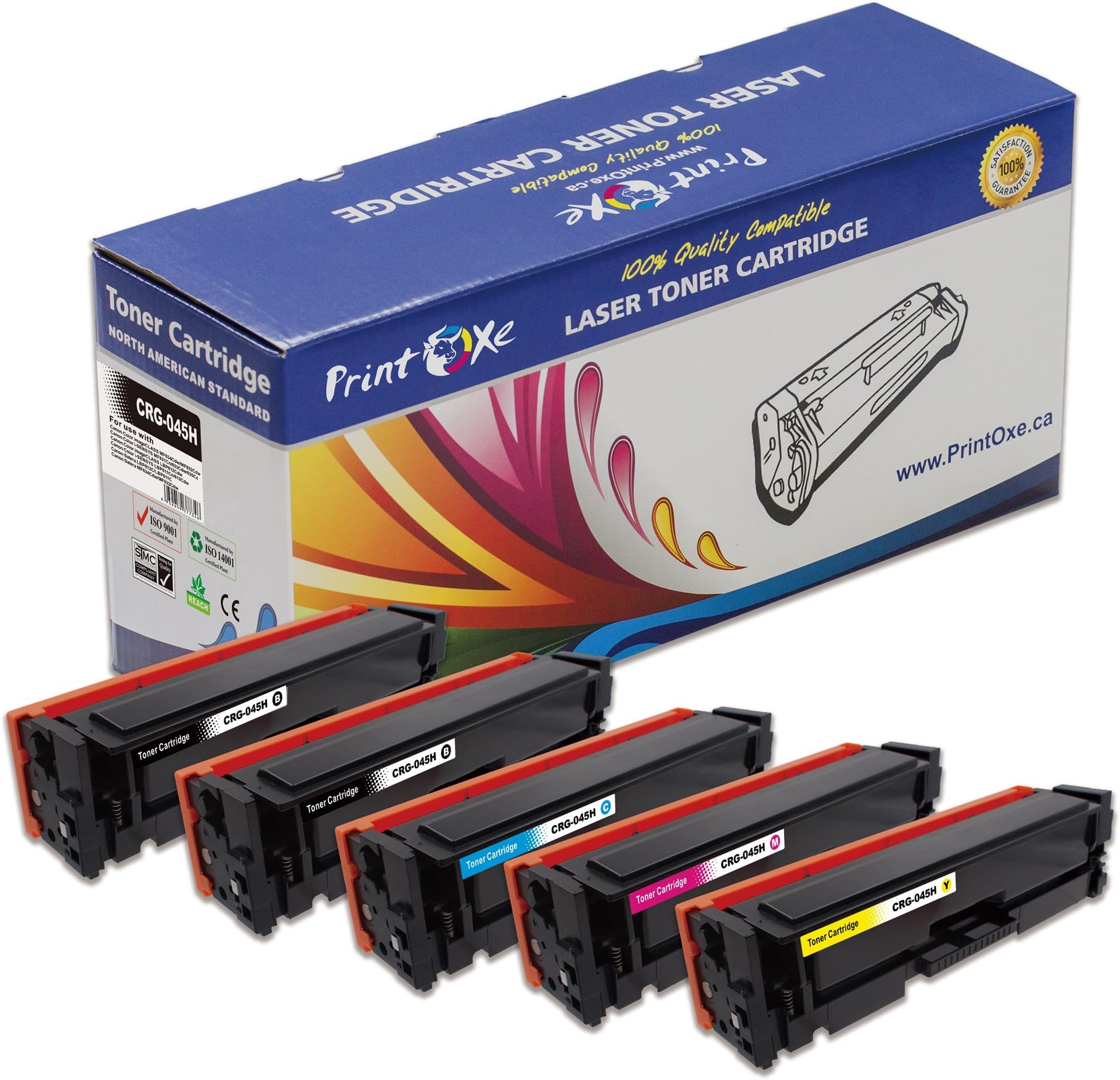PrintOxe™ Replacement 5 Cartridges for CRG-045H Toner Compatible Set+BK for Canon Color imageCLASS MF634Cdw MF632Cdw LBP612Cdw & i-SENSYS MF631Cn MF633Cdw MF635Cx LBP611Cn LBP613Cdw & Satera LBP6