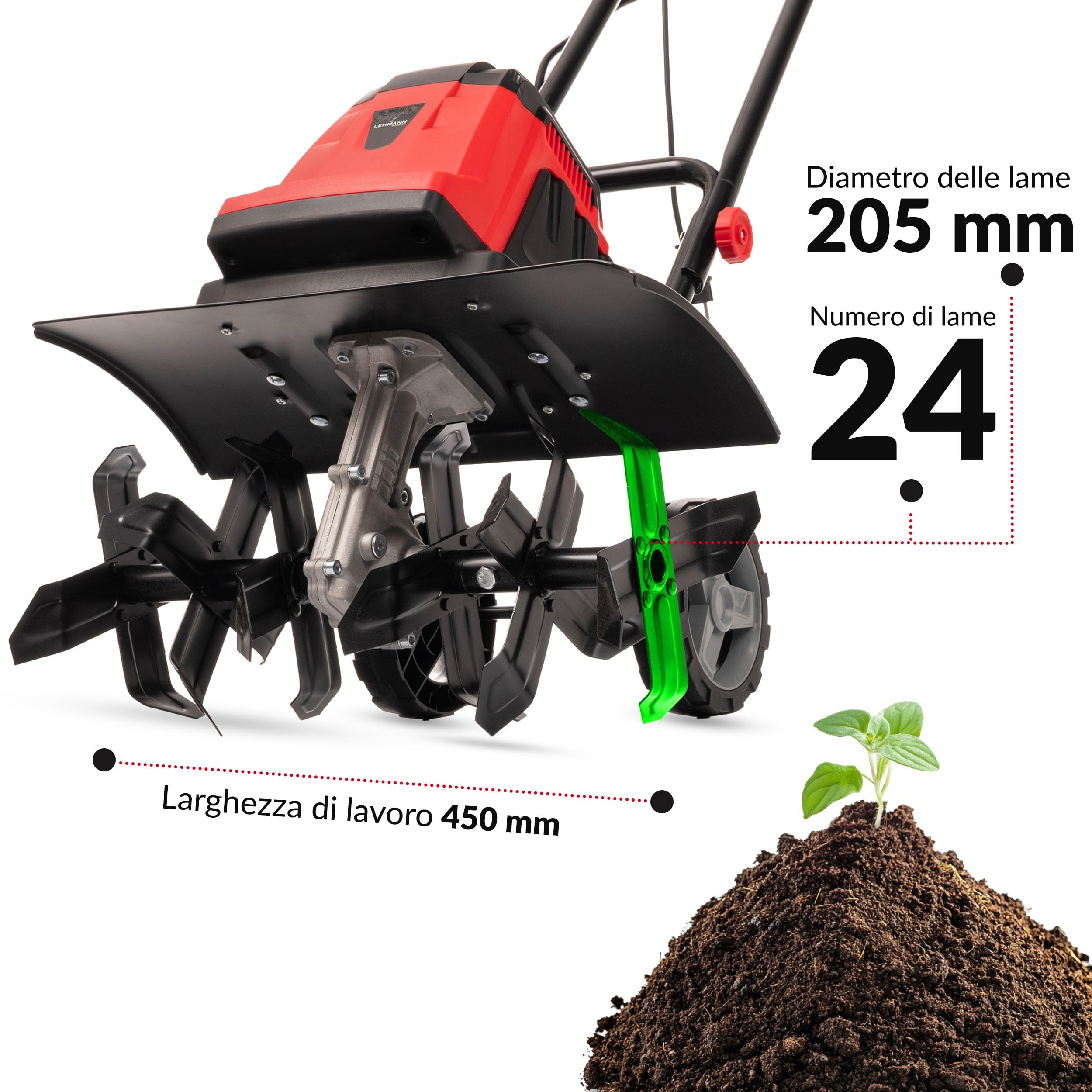 LEHMANN Motozappa Elettrica, 1800 W, Elettrozappa con Larghezza di lavoro 45 cm e Profondità 22 cm, 24 Lame, Ruote di Trasporto, Manico Pieghevole, Zappatrice per Orto e Giardino, Rosso/Nero
