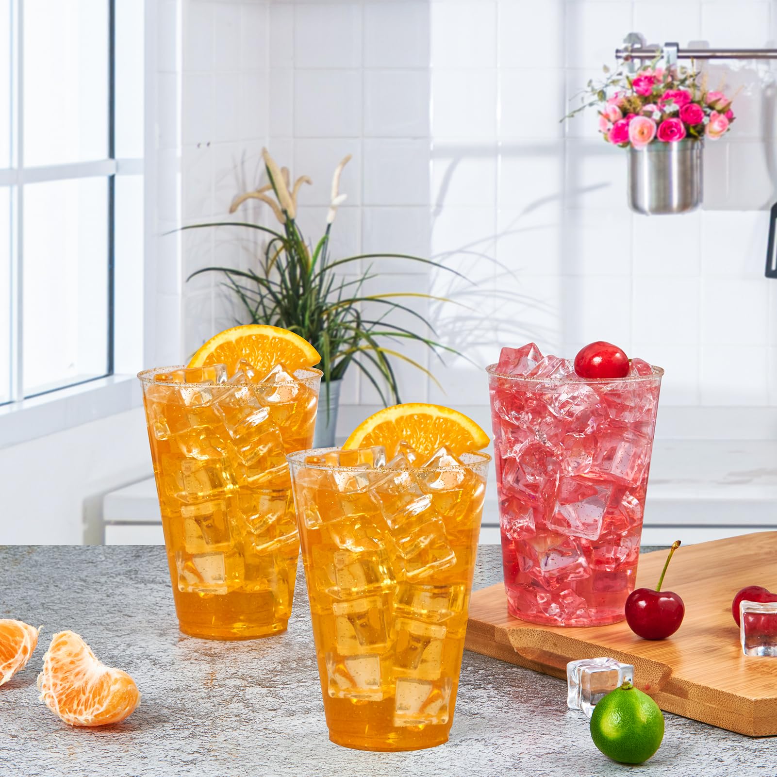 Vplus 100 x große, robuste Kunststoffbecher mit goldenem Glitzer, 14 Unzen, Einweg-Kunststoffbecher, elegante Gläser für Hochzeit, Geburtstag, Weihnachten, Party