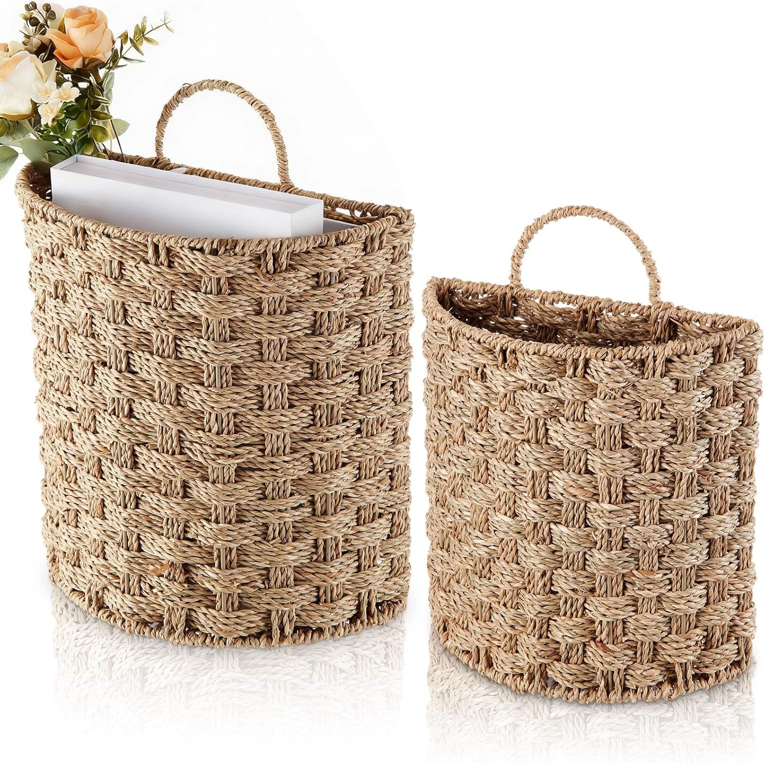 Chunful 2 Pcs Seagrass Hanging Wicker Basket, Natural Wicker Decorative Baskets, Handmade Woven Storage Organizer for House Garden Wedding Wall Decorations, Large & Small Size