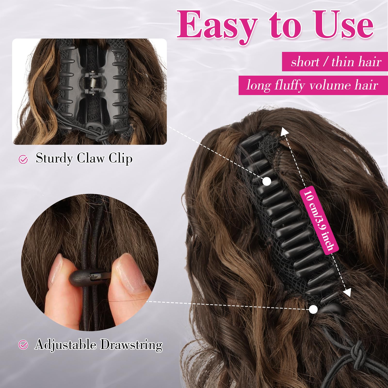 FESHFEN Pferdeschwanz Haarteil mit Klammer - Lange Locken Mischung aus Braun Ponytails Claw Clip in Lockige Ponytail Haarteile Synthetik Haare Zopf Extension für Damen, 65 cm