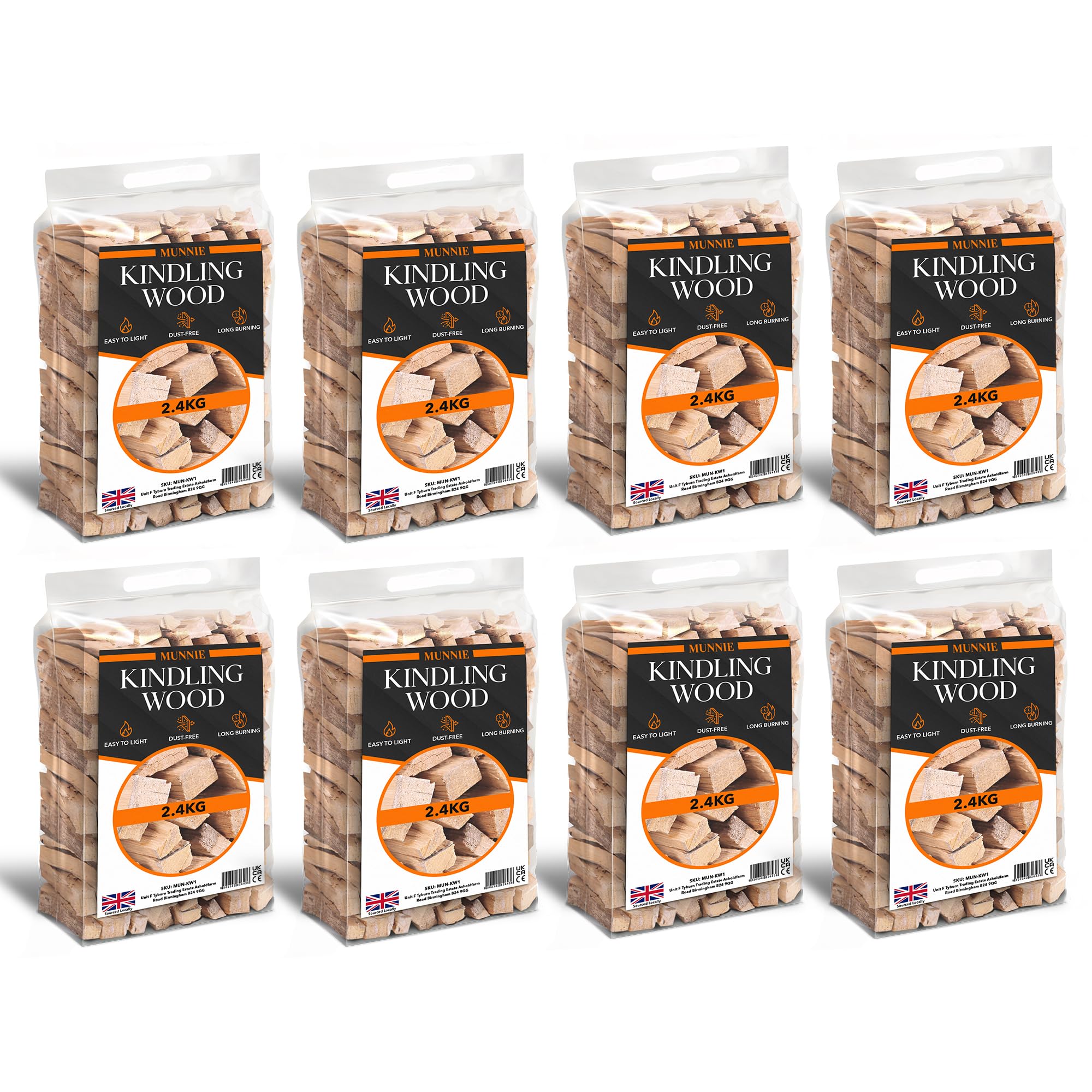 Munnie Kindling Wood 8 Pack x 2.4KG – Premium Kiln-Dried Firewood for Wood Burners, Fire Pits, BBQs & Pizza Ovens – Easy to Light, Smokeless, Long-Lasting Fire Logs – Low Moisture & Clean Burn