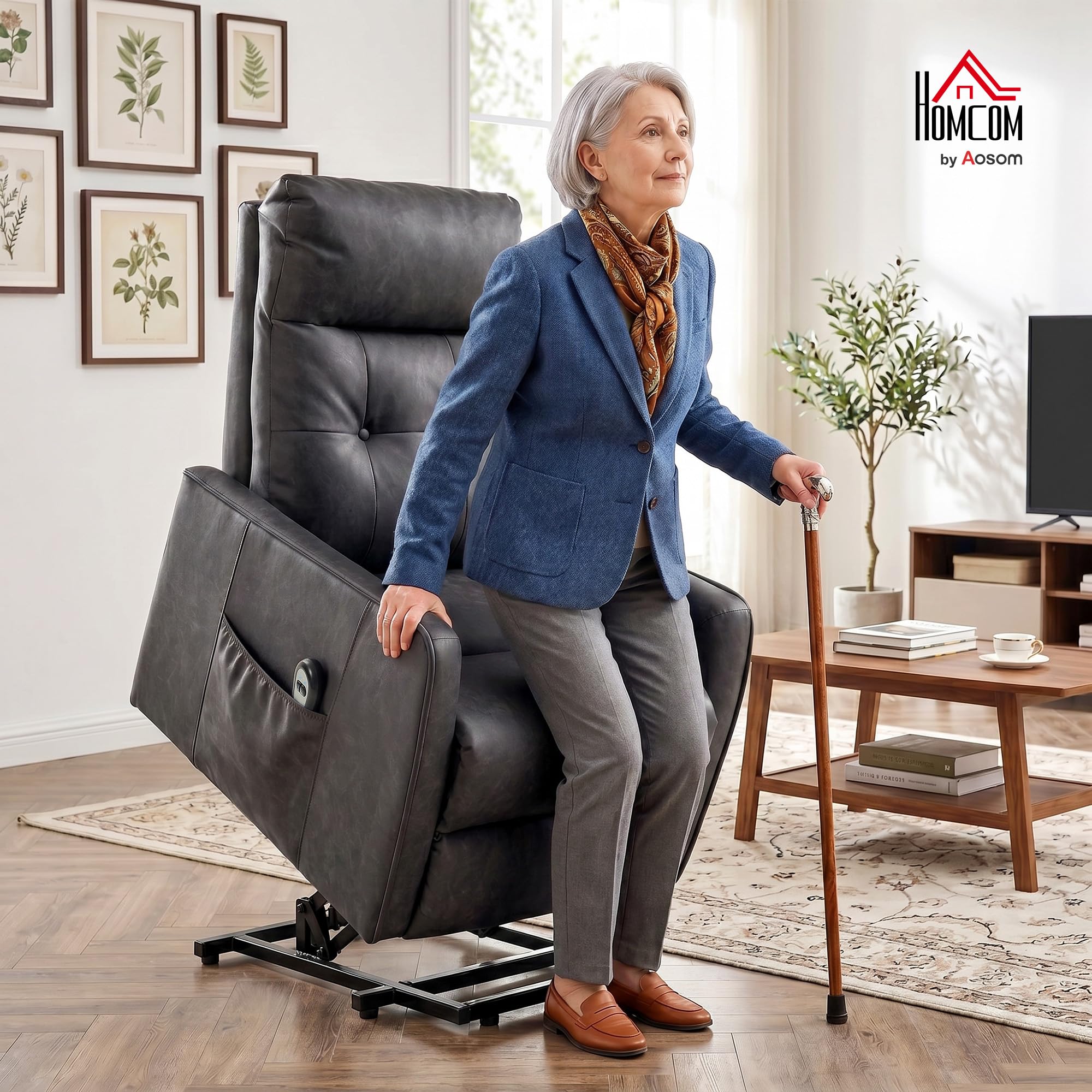 HOMCOM Sillón Relax Reclinable Eléctrico Levanta Personas Gris | Sillón Elevador, Tapizado en Cuero PU, Control Remoto, Asiento de Muelles, Reposapiés, Respaldo Alto, Bolsillos Laterales