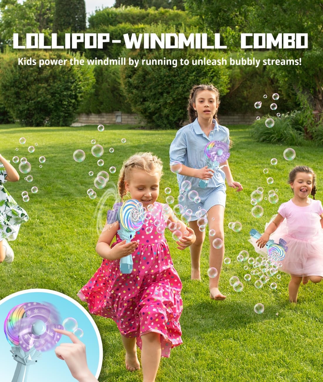 Rechargeable Bubble Wand - Bubble Machine with 7-Color RGB Light, 1200mAh USB-C Charge, Wind Driven Windmill - Bubbles Maker Toys Gifts for Kids, Toddlers, Easter, Birthday, Parties, Wedding, Boys