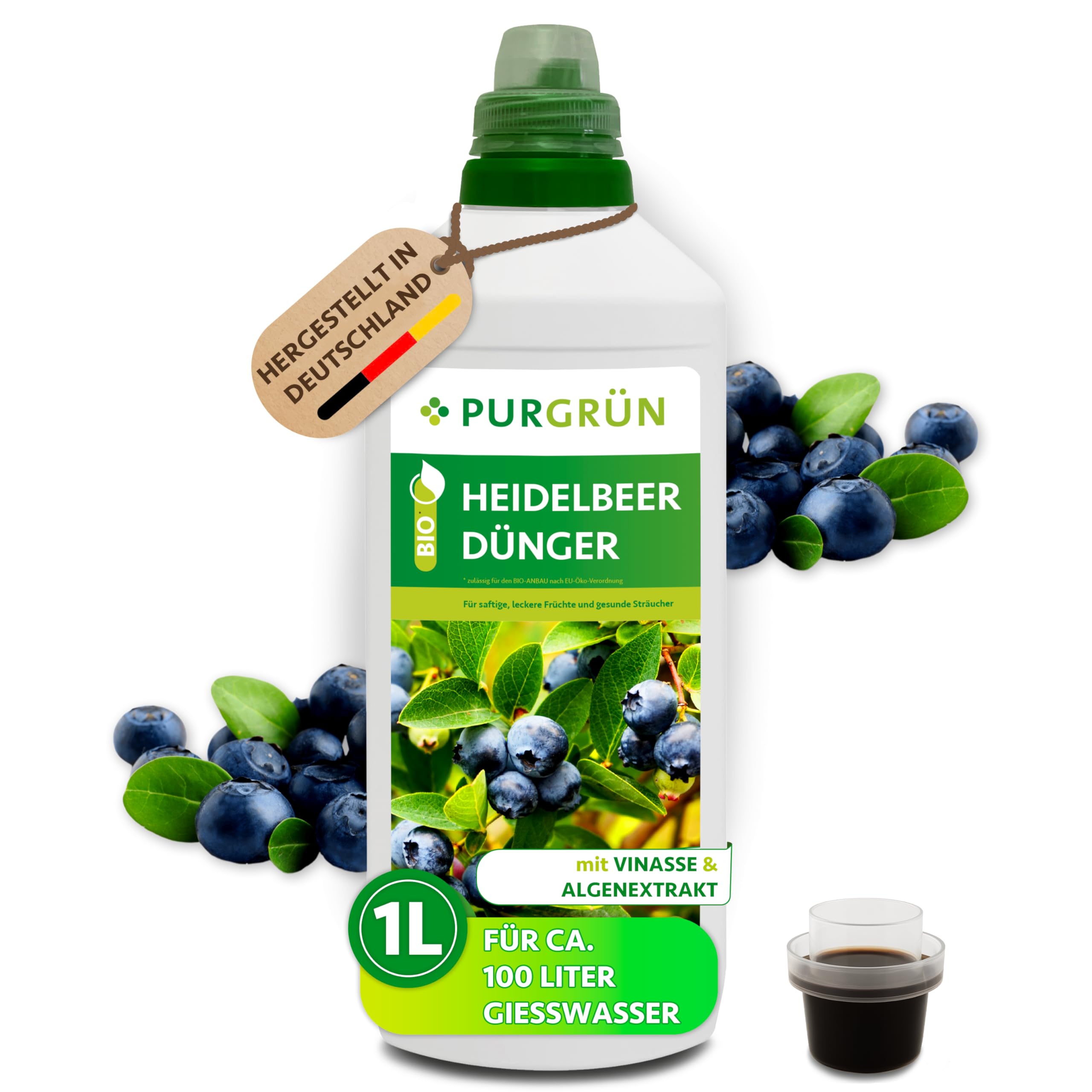 Bio-Heidelbeerdünger 1 Liter – Organische Rezeptur – Premium-Flüssigdünger – NPK 4+1+7 – Mit Algenextrakt & Vinasse – Kalium für aromatische Heidelbeeren – Ohne tierische Inhaltsstoffe