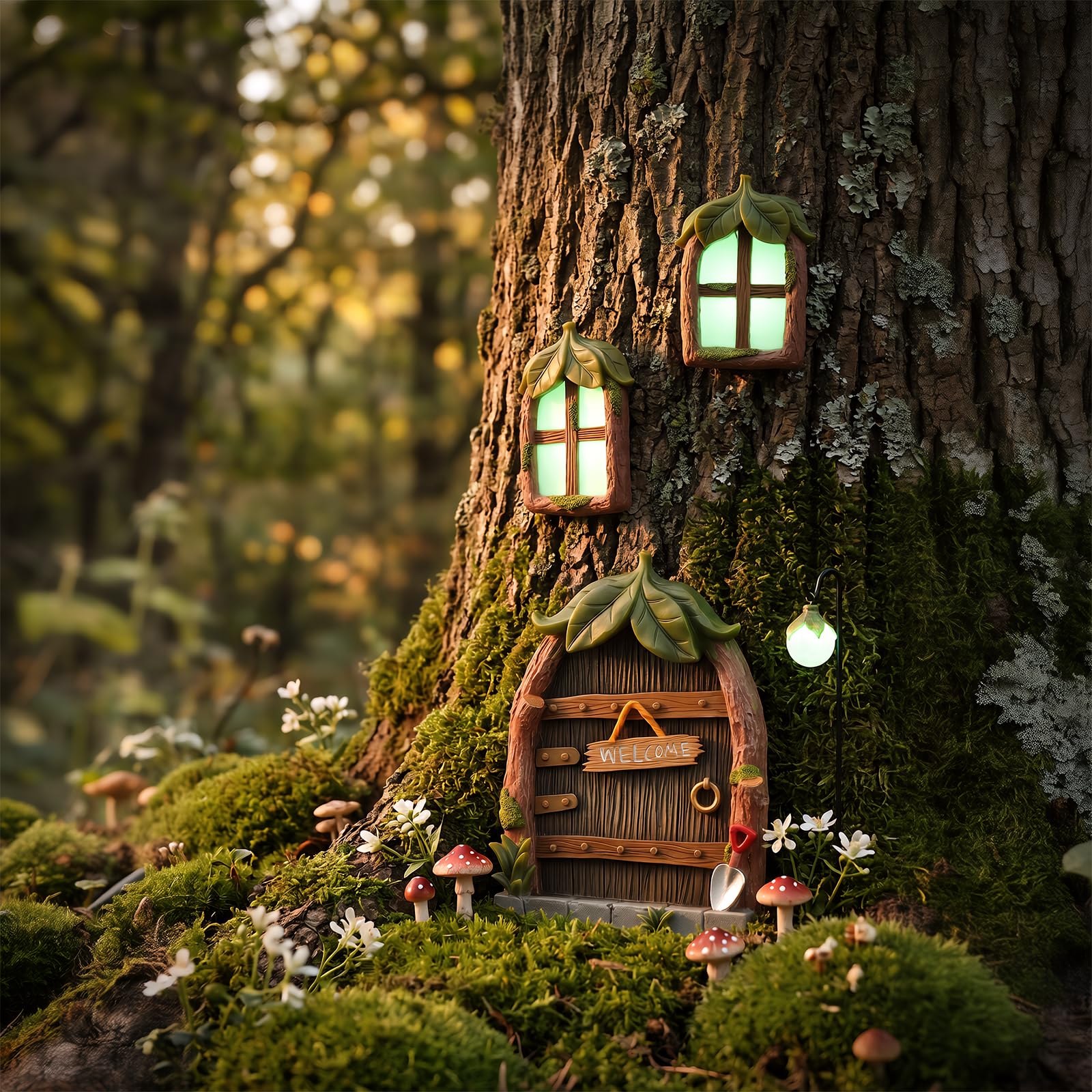 GUIJZSLTRG Set of 4 Fairy Door and Window for Trees, Mini Fairy Garden Glowing in the Dark with Lantern, Creative Garden Miniatures Yard Sculptures and Statues Art Outdoor Decor Accessories
