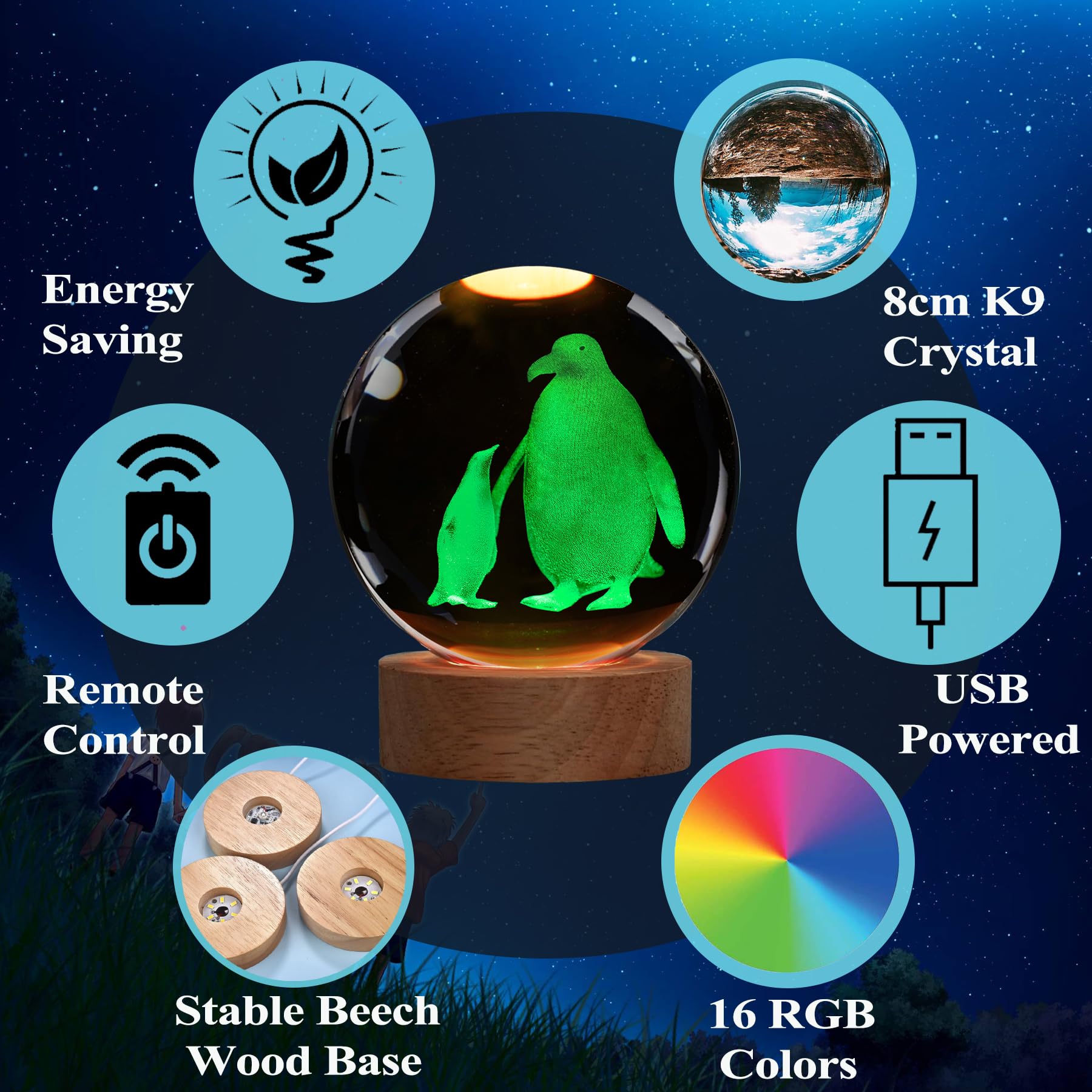 Penguin Crystal Ball Night Light – 3.15 Inch K9 Glass Lamp With 16-Color Remote, Cool Animal Figurine Gift For Kids, Boys, Girls, Room Decor, Birthday Or Christmas